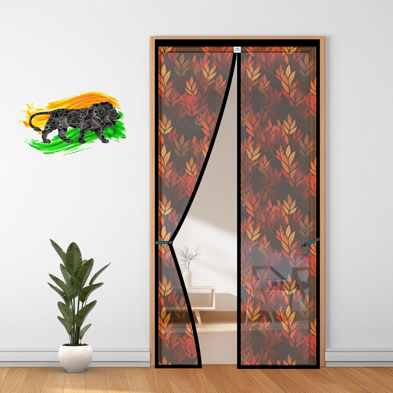 LifeKrafts Polyester Magnetic Door Mosquito Net | Leaf Pattern with Black/Blue | Auto-Close Curtain to Keep Mosquitoes, Flies & Insects Out |Fits 200 x 120 cm Doors