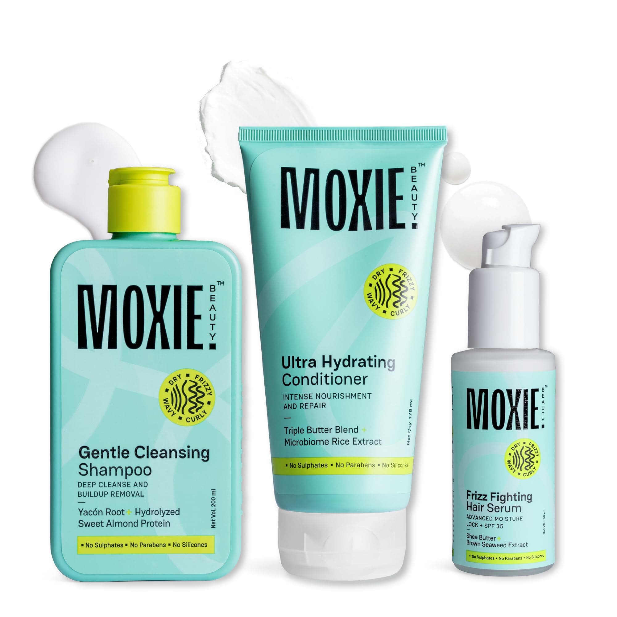 Moxie Beauty Ditch-The-Frizz Trio for Women & Men | Sulphate & Paraben Free Shampoo, Hydrating Conditioner & Frizz Fighting Serum with SPF 35 | For Frizzy, Wavy & Dry Hair | Cleanses, Hydrates, Smooths & Protects from Heat | Cleansing Shampoo (200ml) + Hydrating Conditioner (175ml) + Serum (50ml)