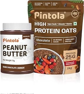 Pintola Indulgent Protein Combo: Chocolate Crunchy Peanut Butter 1kg & 22g High Protein Dark Chocolate Oats 1kg | No Refined Sugar, Gluten-Free | With Almonds, Raisins, Pumpkin & Chia Seeds | 8g Fibre