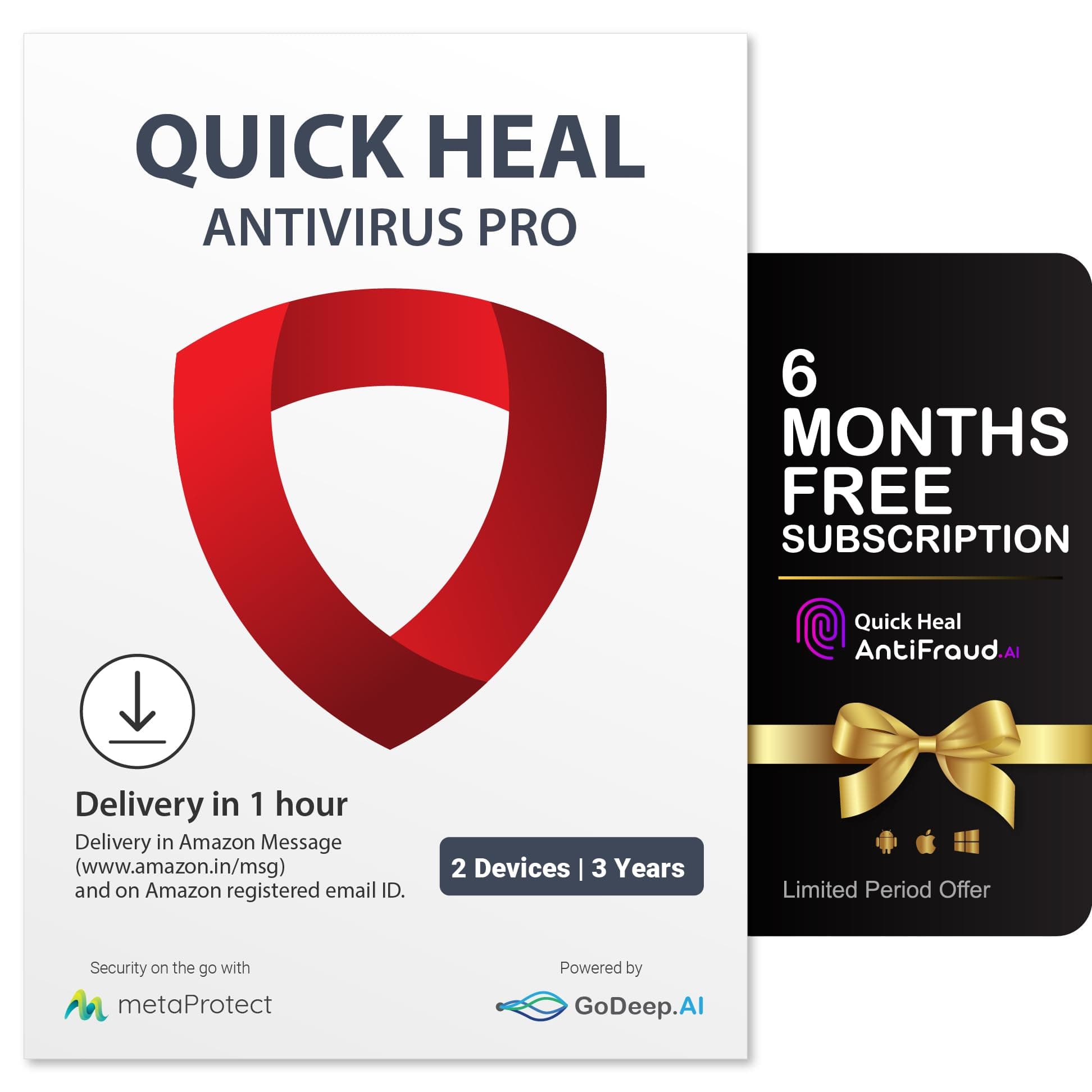 Quick Heal Antivirus Pro | Windows PC/Laptop | 2 PC, 3 Year | AI-Based Virus Protection | Email Delivery in 1 hr |+ 6 month AntiFraud.AI for IOS/Android