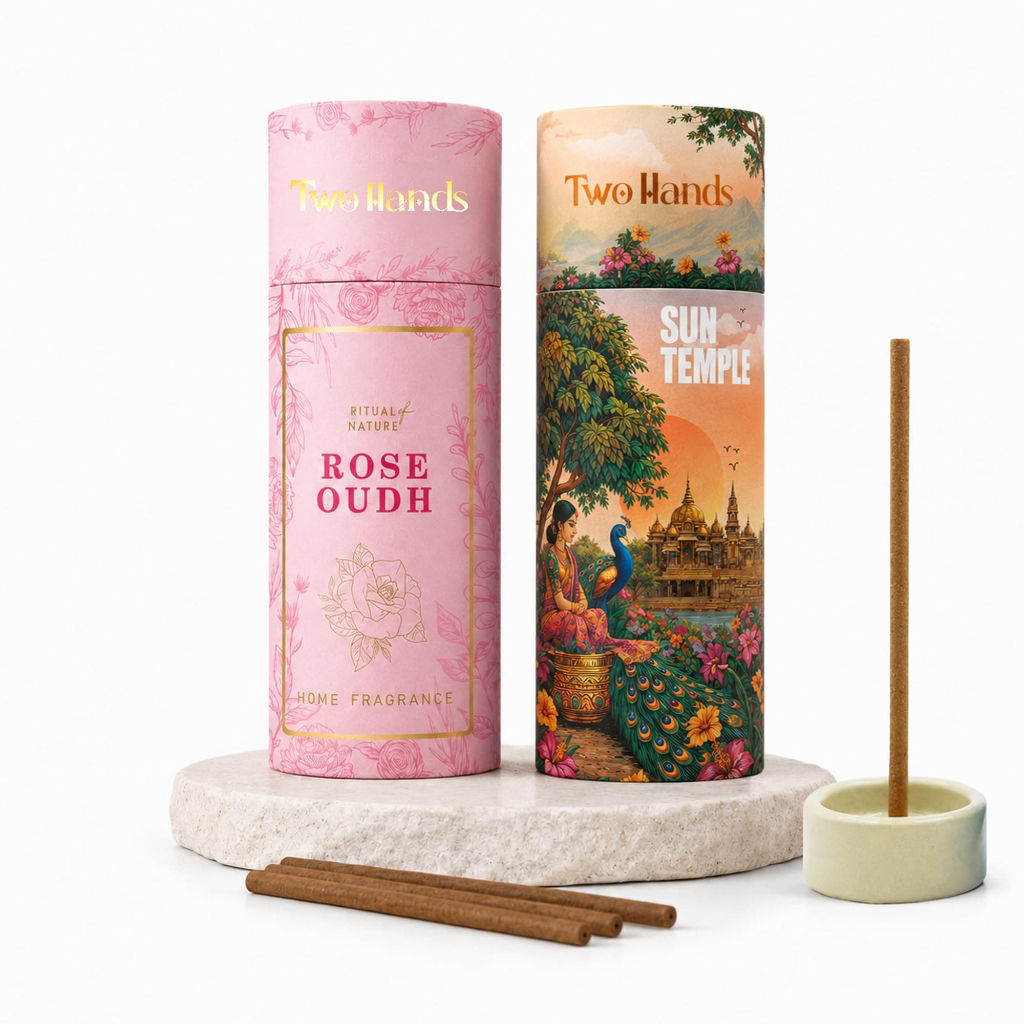 Twohands Premium Bambooless Dhoop Sticks Combo Pack of 2 – Rose Oudh & Sun Temple | 30 Charcoal-Free Incense Sticks Each with Ceramic Stand | Dhoop for Pooja, Meditation, Yoga & Home Fragrance