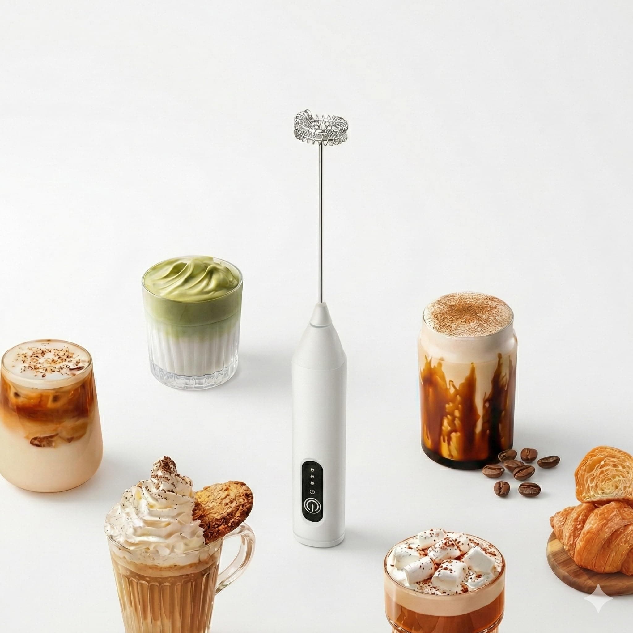 VeeDee Rechargeable Electric Milk Frother Handheld Wand with 3 Speeds & Dual Whisk - Portable Foam Maker for Coffee, Latte, Cappuccino, Matcha, Lassi & Egg Beating (USB Charging) White (White)
