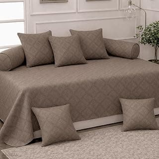 Soft Cotton Printed Diwan Set Covers 8 Pieces - 1 Single Bed Sheet (60 X 90) with 5 Cushion (16 X 16), 2 Bolster Covers (16 X 32) – Coffee