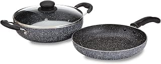 Amazon Brand - Solimo Aluminium 3 Piece Non-Stick Cookware Set|Granite Finish|Induction Base|Pfoa Free|High Temperature Resistant Exterior Coating|22 Cm Fry Pan,22 Cm Kadai,1 Glass Lid|Grey
