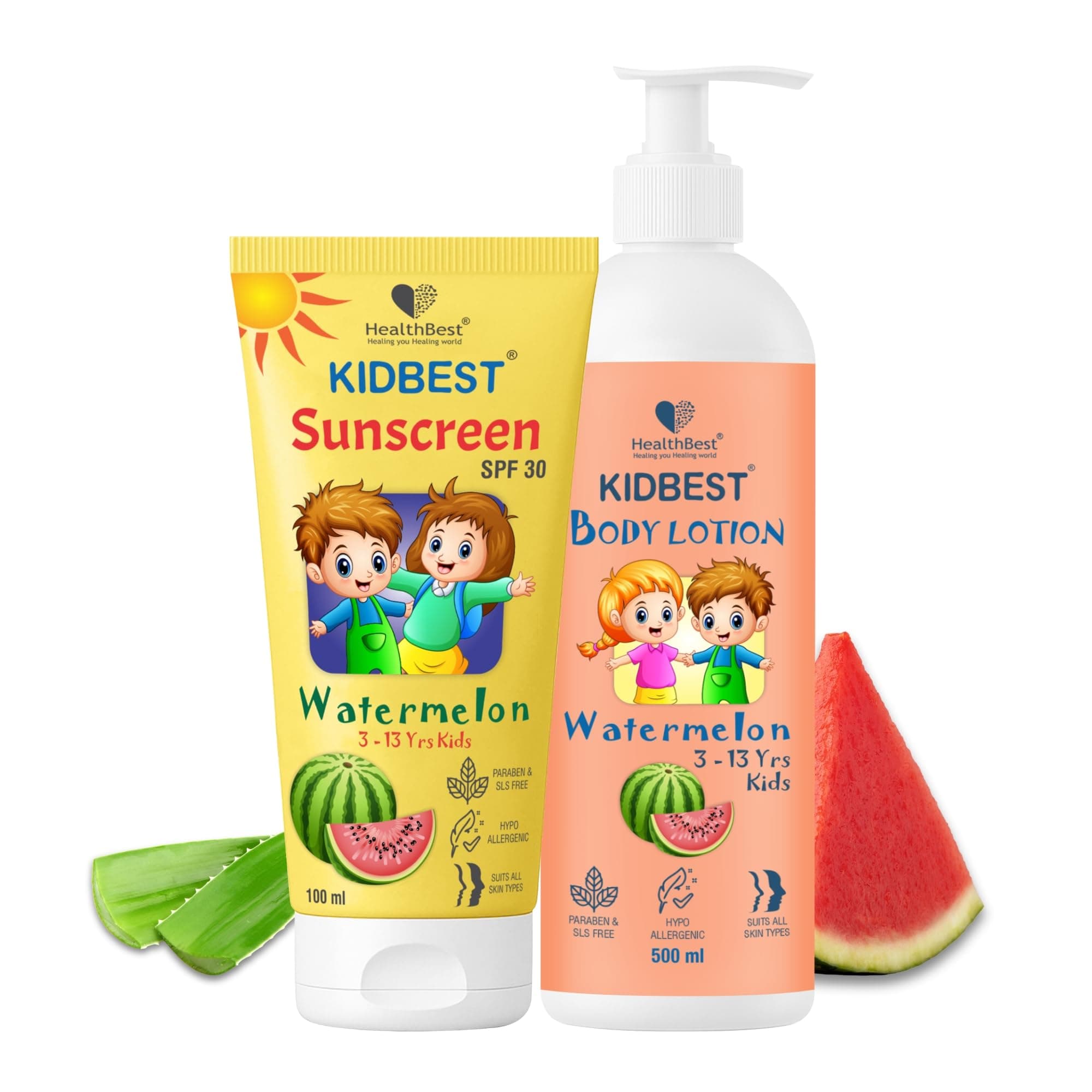 HealthBest Kids Sunscreen SPF 30 PA+++ 100ml & Body Lotion 500ml Combo for 3–13 Years | Sun Protection + Gentle, Hydrating Lotion with Aloe Vera & Vitamin E, Non-Sticky, Tear, Sulfate and Paraben-Free