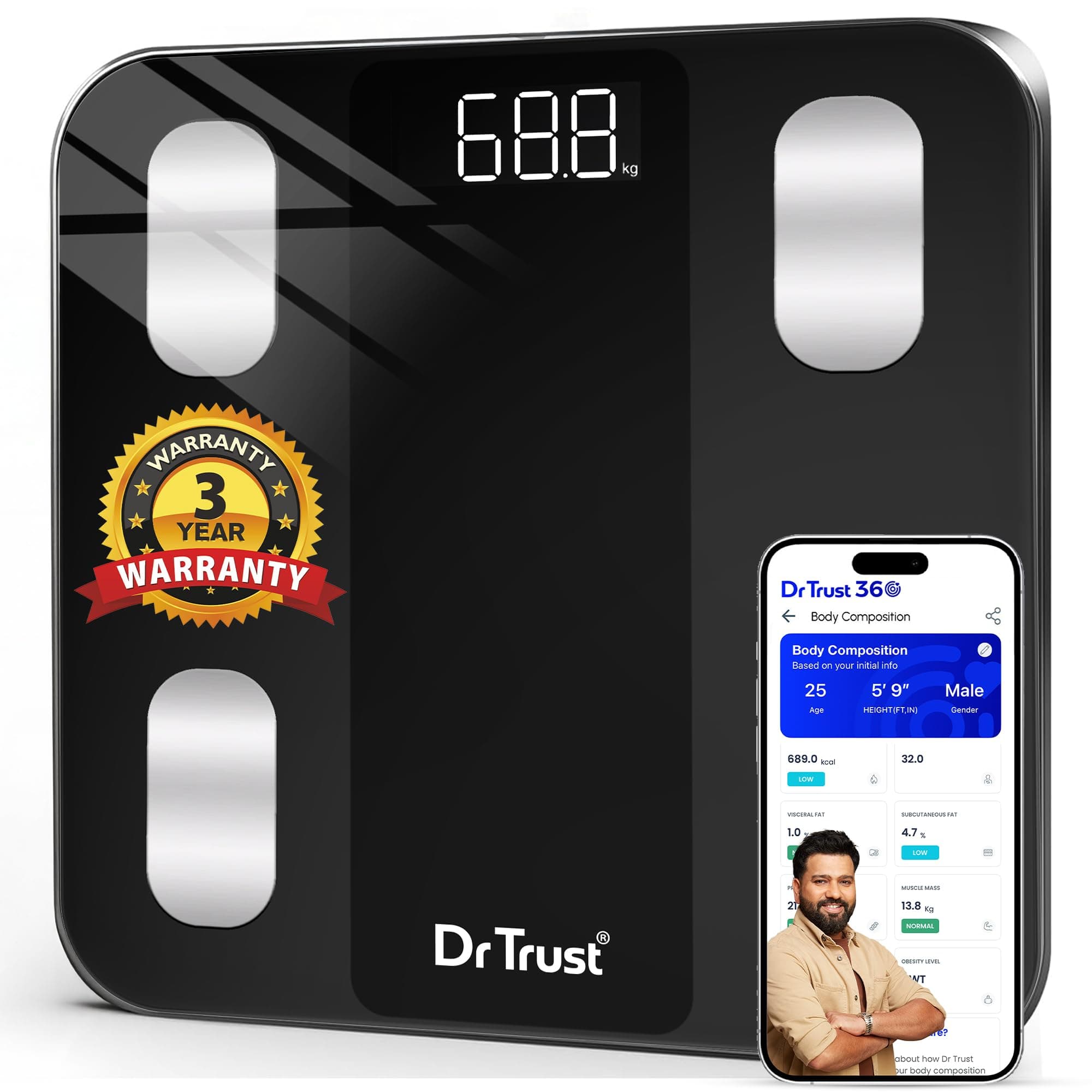 Dr Trust USA Legend Smart Scale | 20+ Parameters | US FDA approved | Unlimited Users Bluetooth BMI Weight Scale with 3 Years Warranty Weighing Machine & Body Fat Analyzer for Health Monitoring (Black)