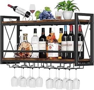 Priti Wall Mounted Wine Rack, Bottle & Glass Holder Wood-Metal Retro Floating Wine Rack, Wine Bottles Display Wall Storage Shelf for Kitchen Dining Room Home Bar