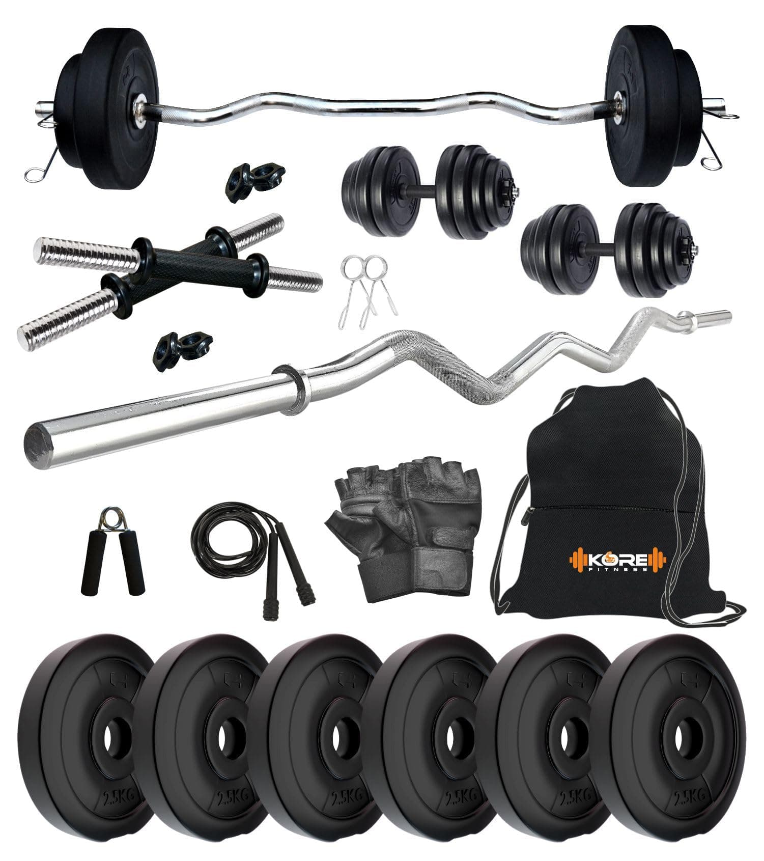 Kore PVC 15 Kg Home Gym Set with One 3 Ft Curl and One Pair Dumbbell Rods with Gym Accessories, Black