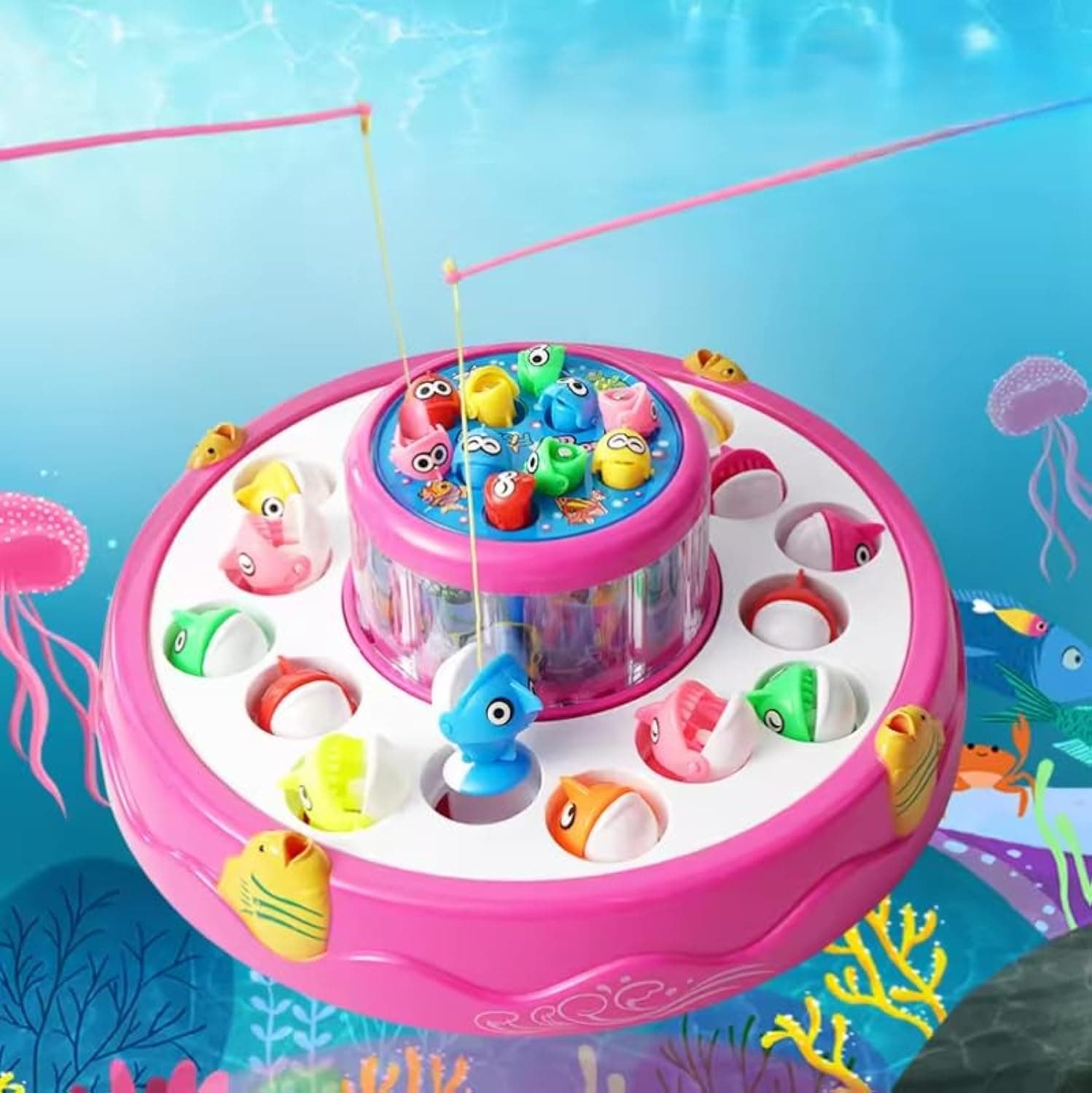 Goyal's Fish-Catching Board Game with 26 Pieces Fishes, 2 Rotary Ponds and 4 Pods with Music & Light Function (Pink)