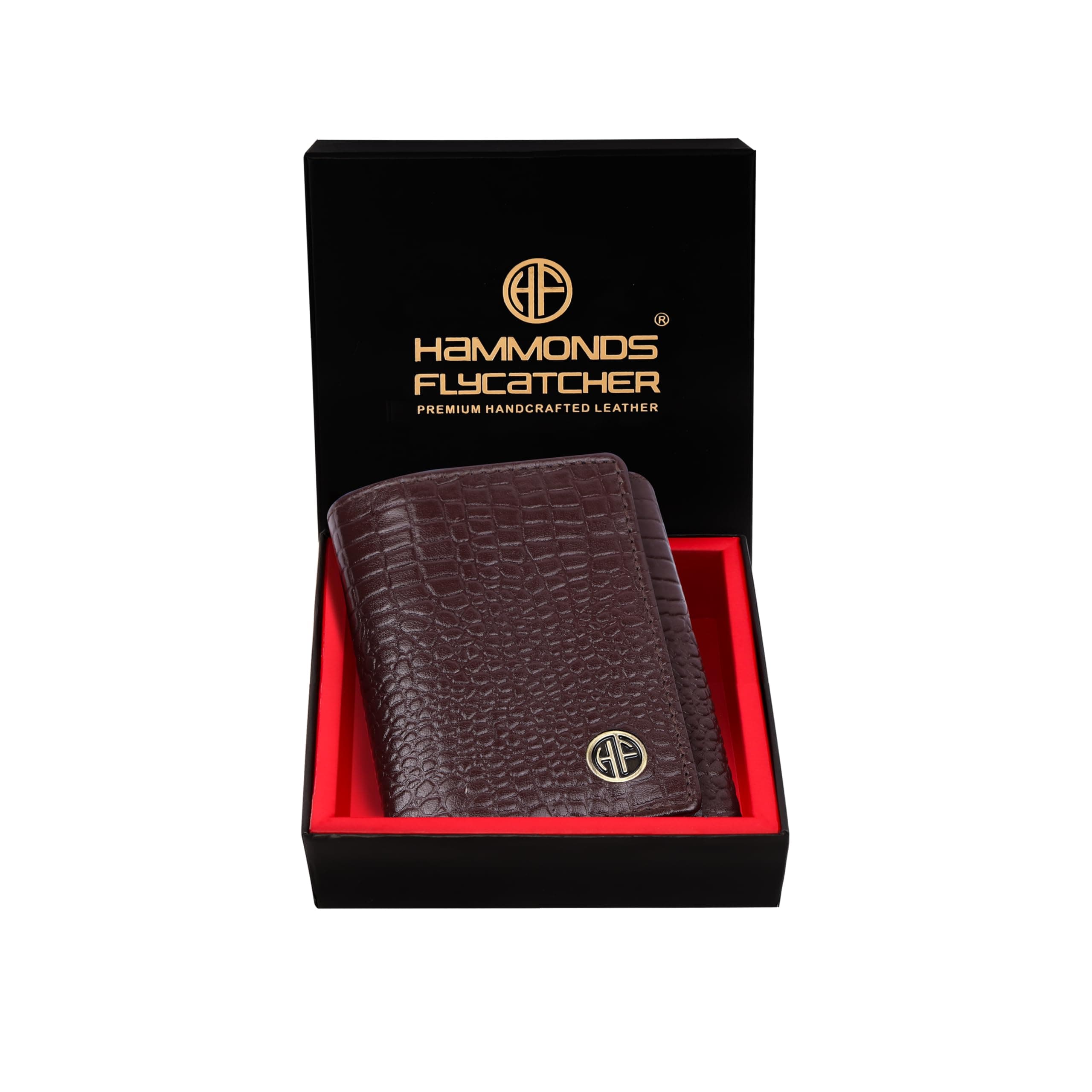 Hammonds Flycatcher Croc Redwood Wallets for Man - Trifold Genuine Leather Men Wallet, RFID Protection, 5 Card Slots, 2 ID Windows, Currency Slots, Snap Button Closure, Gift Box Included, Gift for Men