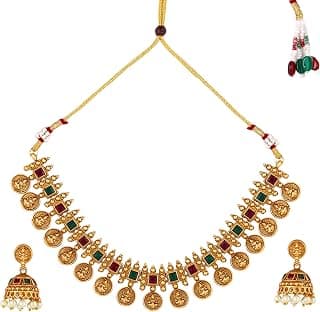 Fashion Frill Necklace Set For Women | Pearls jewellery set for Women | Gold plated Jewellery Set | Temple jewellery set for Womens Traditional