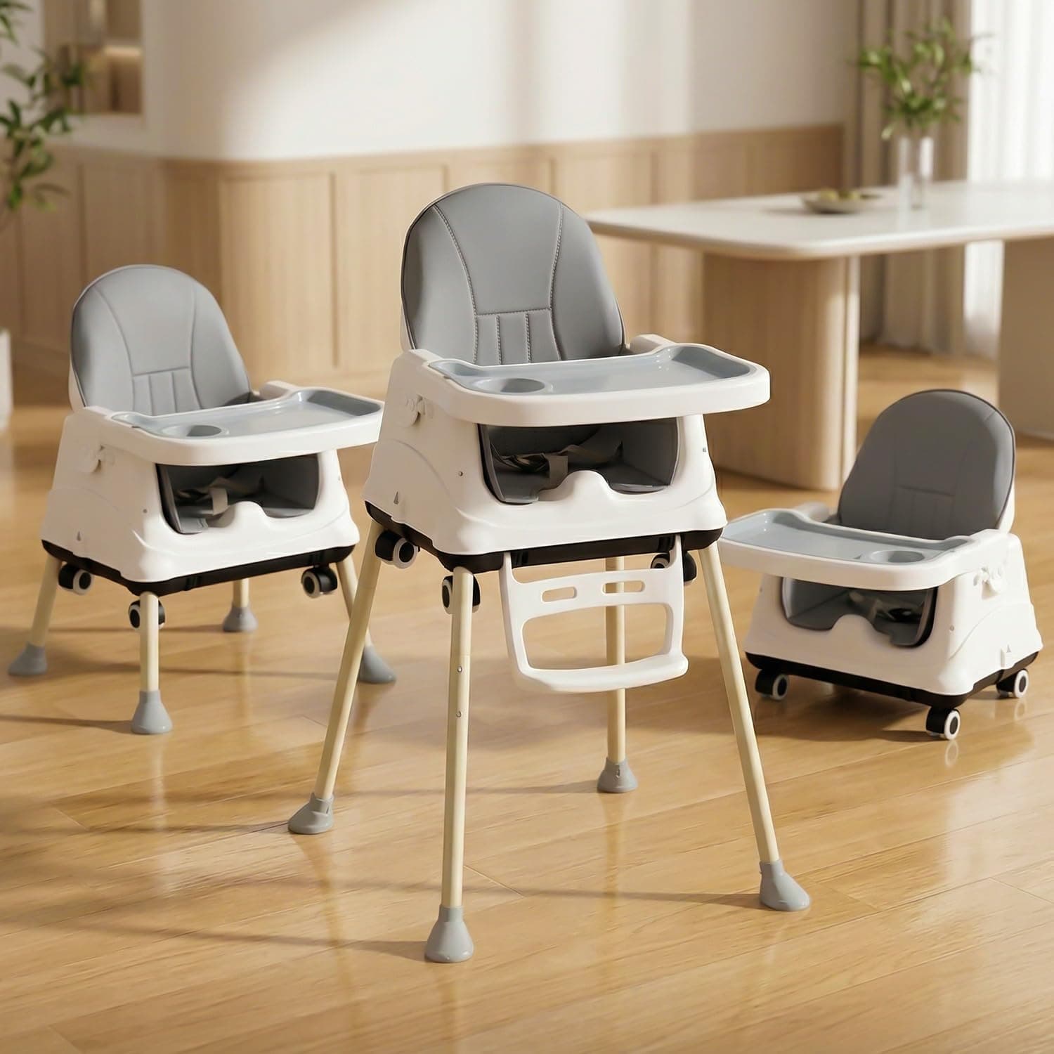 StarAndDaisy High Chair for Baby/Baby Feeding Chair for 0 to 5 Years with 4 in-1 Multifunctions/High Chair with Wheels, Height Adjustable, Detachable Tray & 3-Point Safety Belt (Grey)