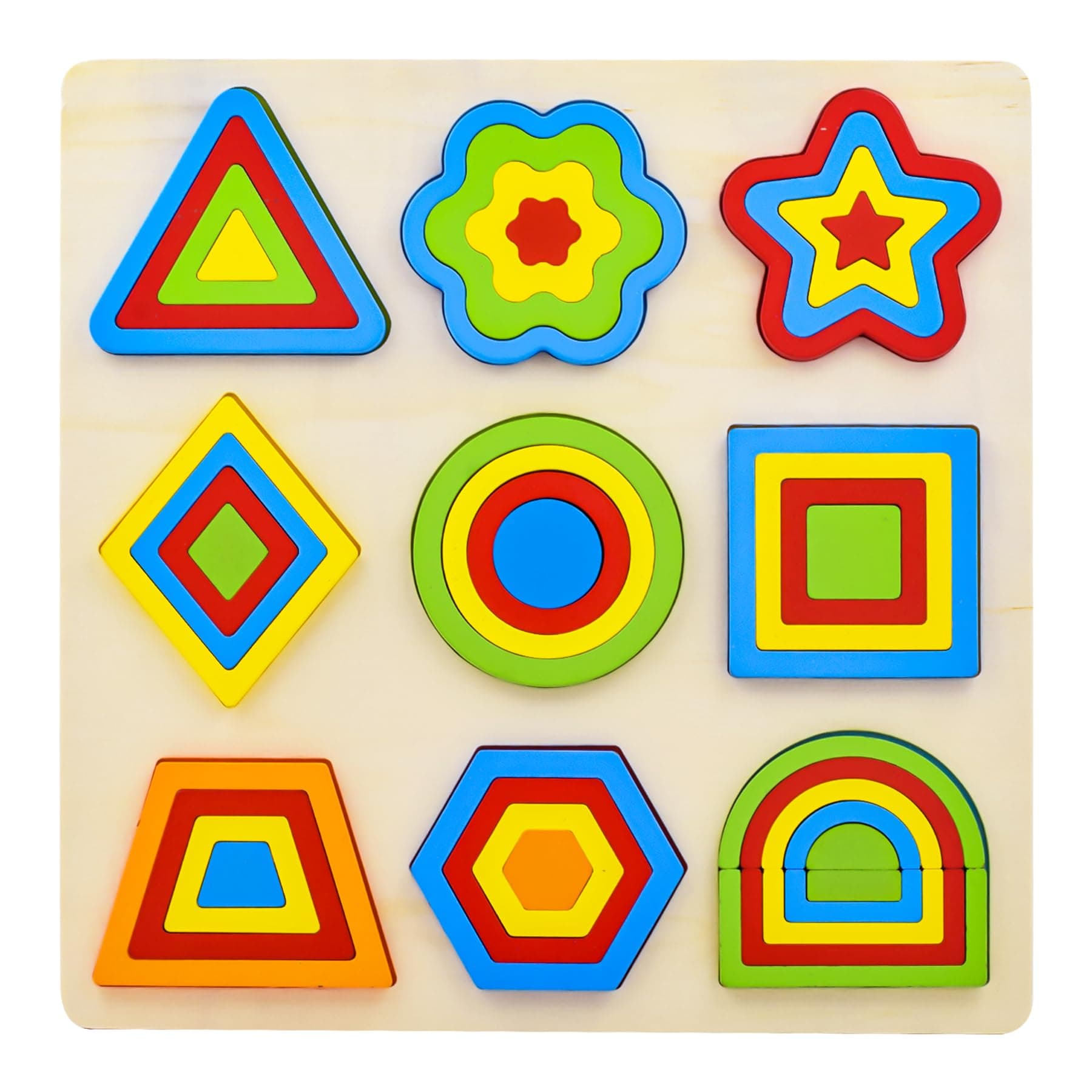 WISHKEY Wooden Shapes Puzzle Learning Toy, Montessori Brain Teaser Puzzle Board with 9 Geometric Shapes, Interactive Game Educational Toys for Kids, Multicolour, 3+ Years (Pack of 1)
