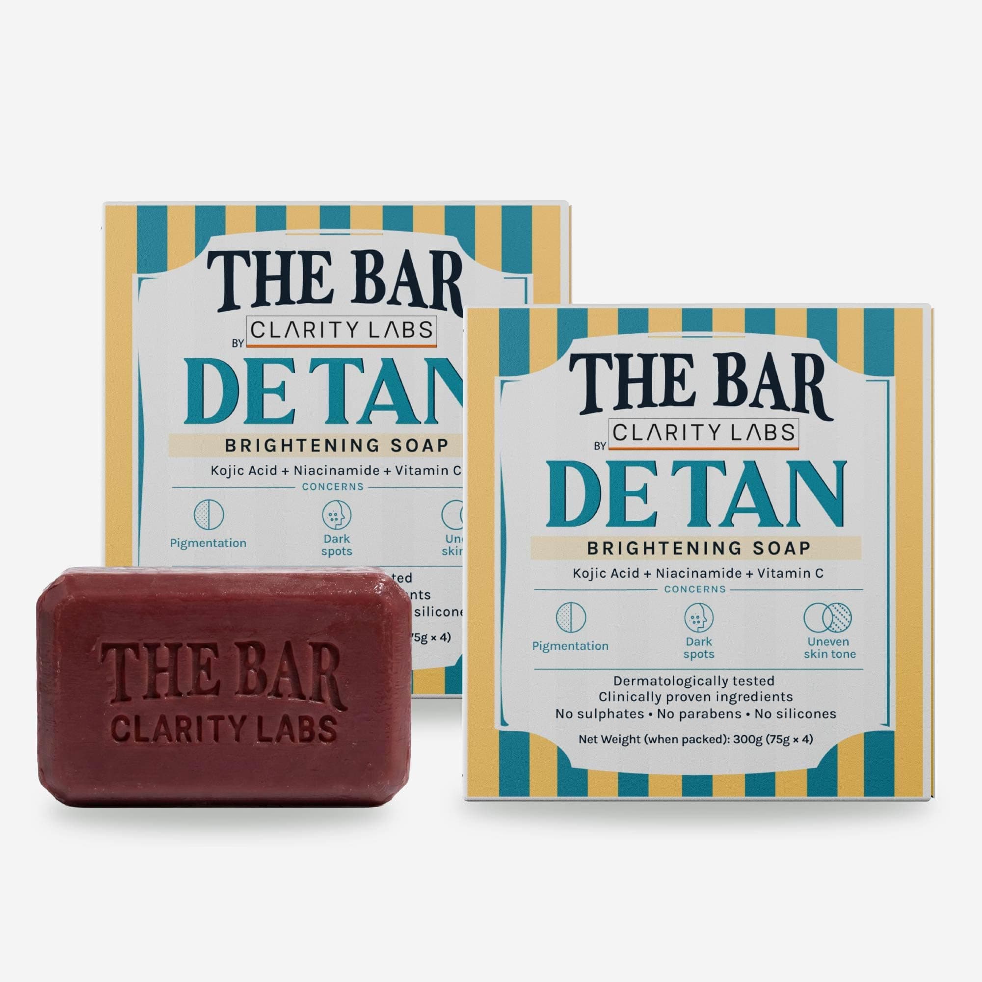 Clarity Labs Detan Kojic Acid Soap for Tan Removal, Pack of 8 x 75g Value Pack, 1.5% Kojic Dipalmitate with Niacinamide, Vitamin C, Detan Bathing Bar for Men and Women