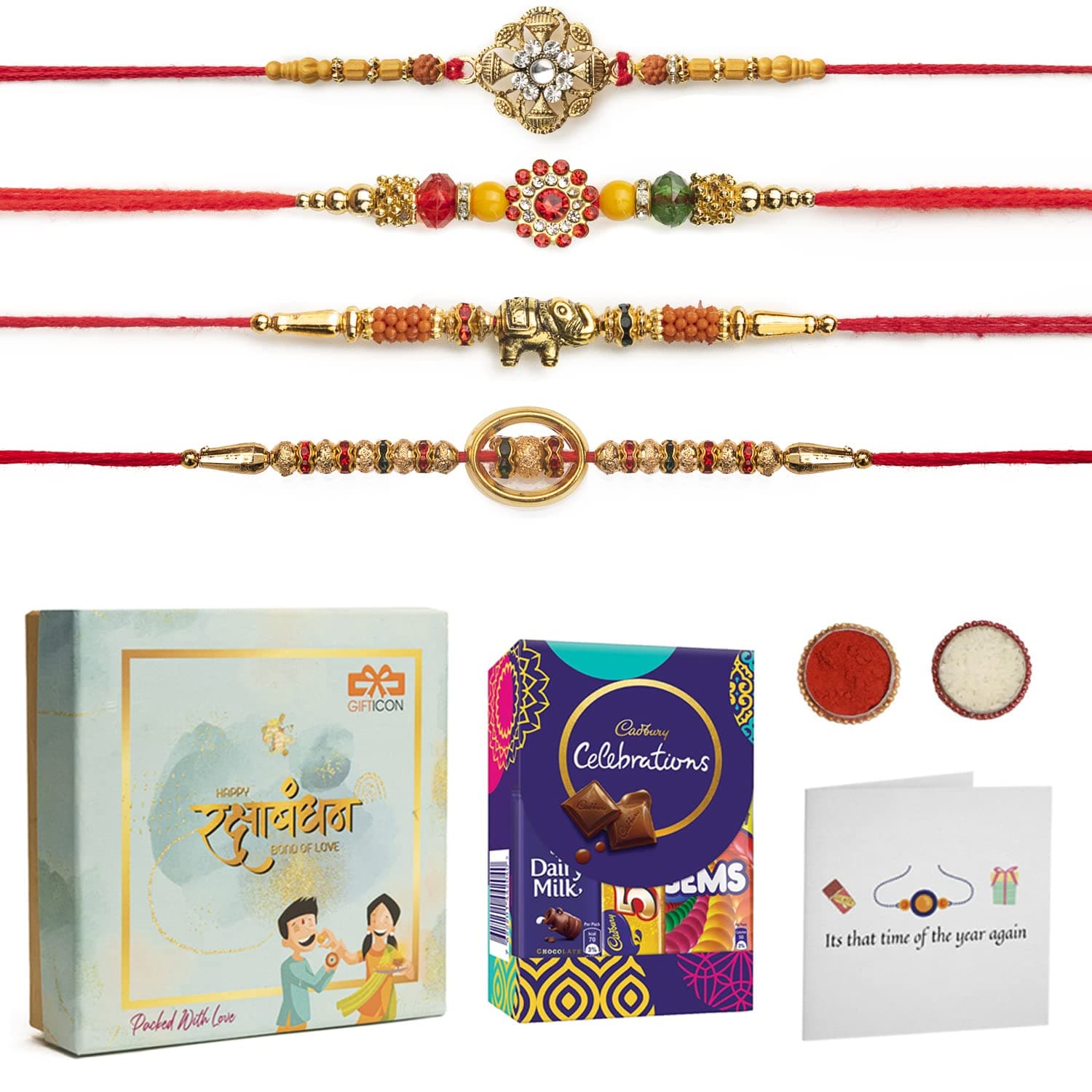 Gifticon Set of 4 Rakhi for Brother with bundle of Chocolate - 4 Rakhi with 4 Dairy Milk Chocolates | 1 Greeting Card | Roli Chawal and a Beautifully Designed Gift Box | IB2