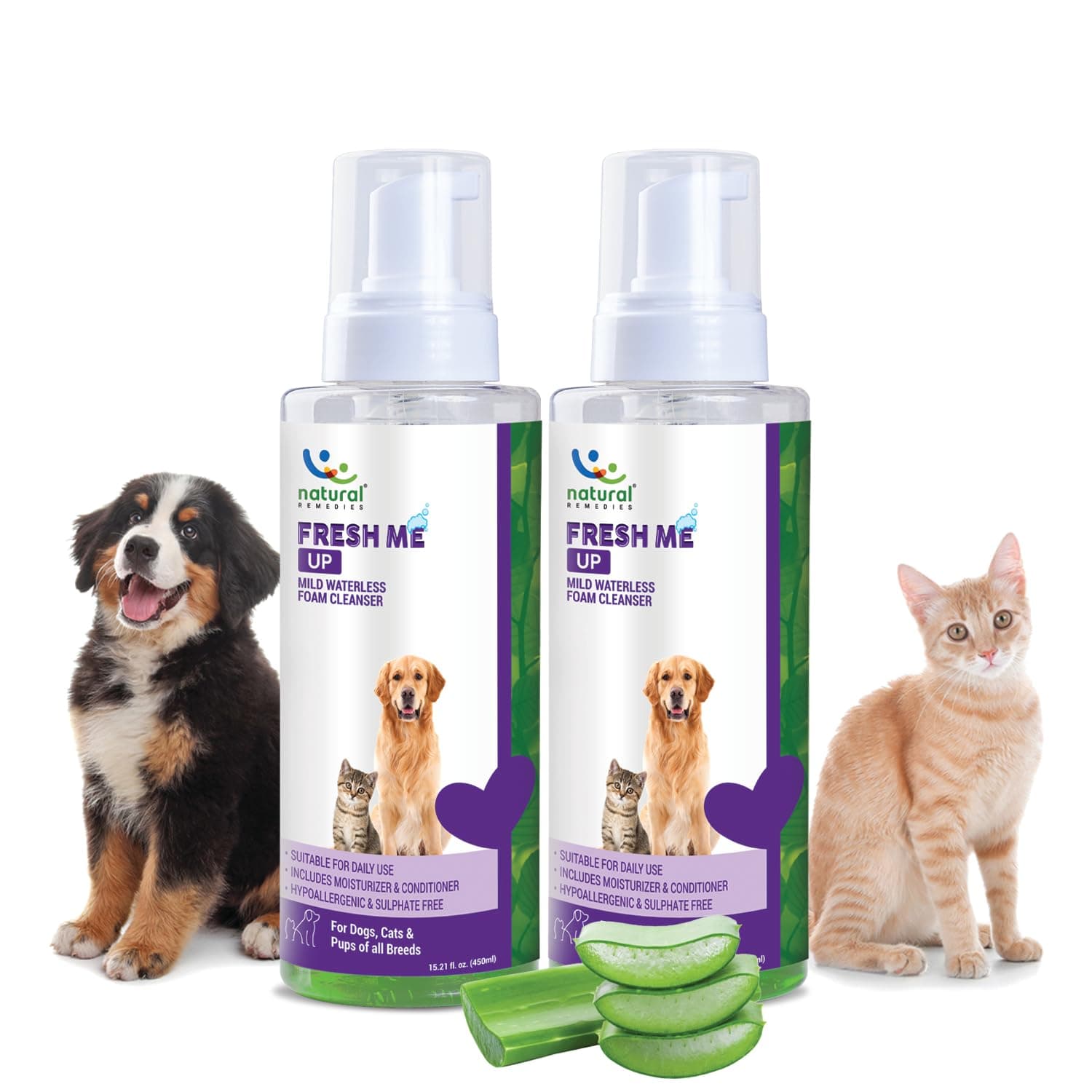 Natural Remedies Fresh Me Up Mild Waterless Foam Cleanser Dry Shampoo for Dogs, Cats of All Breeds, Moisturizer & Conditioner, Pet Grooming, Lick Safe, Hypoallergenic, Sulfate Free, 450 ml (Pack of 2)