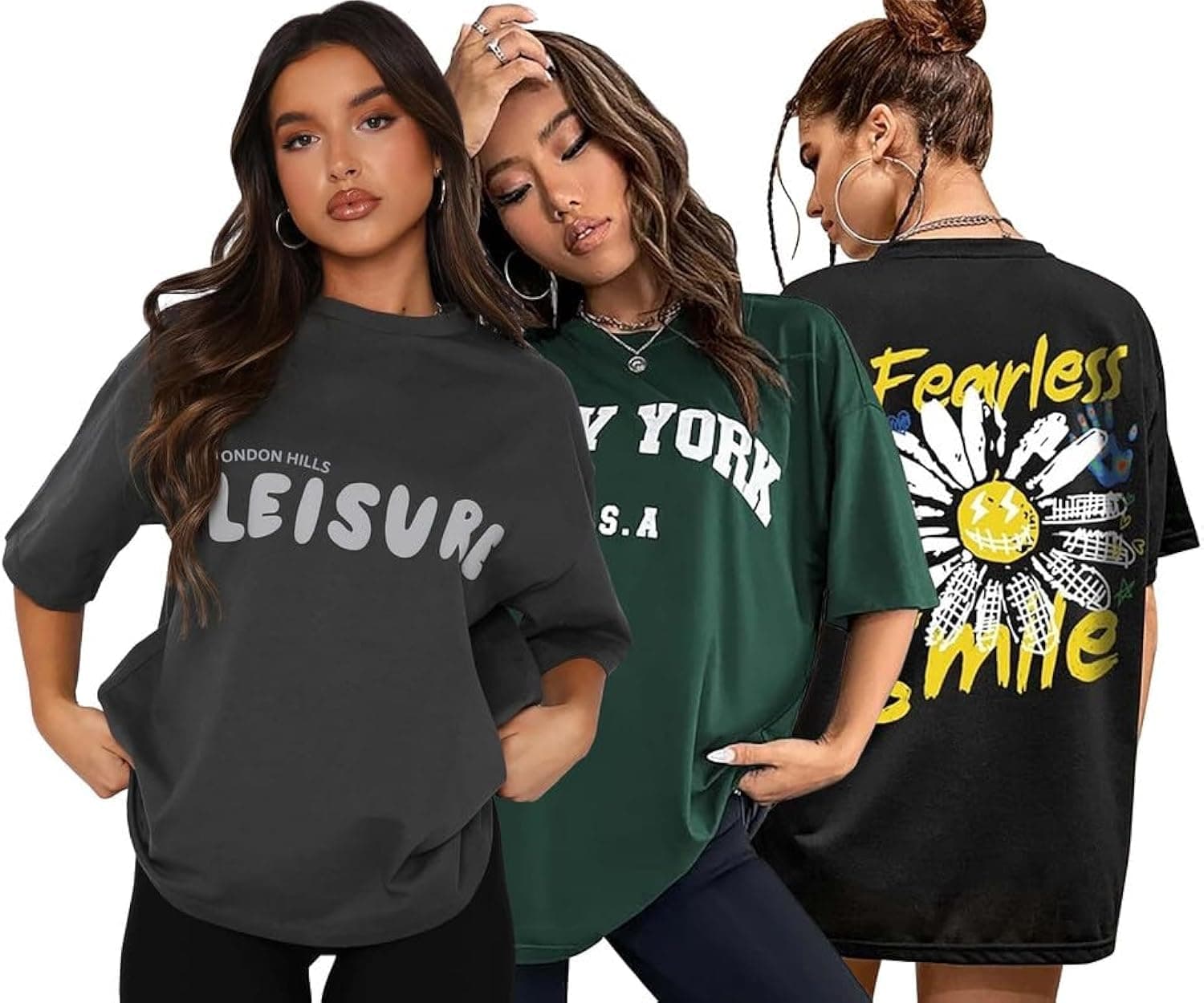 London Hills Women's Cotton Oversized Fit Printed Round Neck Oversized T-Shirt | Loose Fit Drop Shoulder T-Shirt Pack of 3