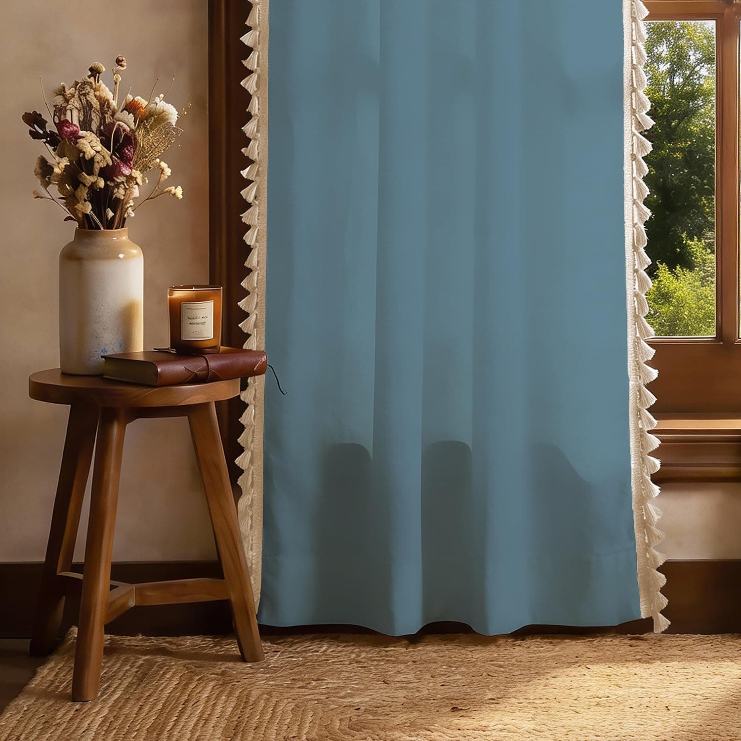 Urban Space Solid Bohemian Curtains for Window, 100% Cotton Curtain 5 Feet Long Pack of 1 Curtain with Tassels, Tieback & Eyelets Included, 60-65% Room Darkening (Aura Dusty Blue, 5 feet)