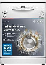 Bosch 14 Place Setting Free Standing Dishwasher for Indian Utensils, WiFi Enabled, Intensive Kadhai Program, Inbuilt Heater, Fits Up to 80 Utensils, White (SMS6IKW01I)