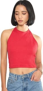 SASSAFRAS Women's Rib Halter Neck Crop Top