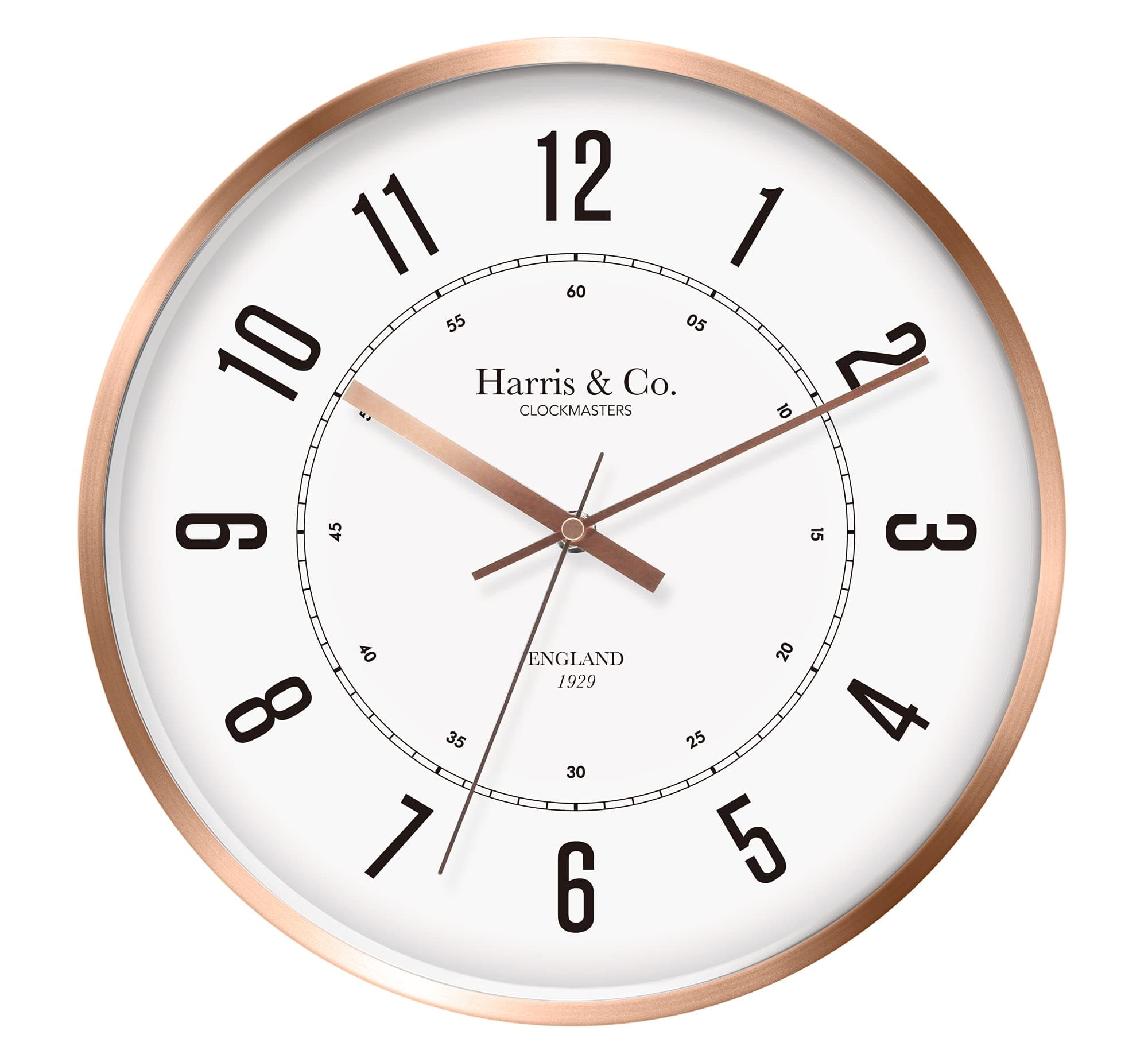 HARRIS & CO. CLOCKMASTERS 12 Inch Silent Sweep Noiseless Technology Wall Clock with Rose Gold Metal Frame, White Dial, HD Clear Glass (Model - Oxford Street in Rose)