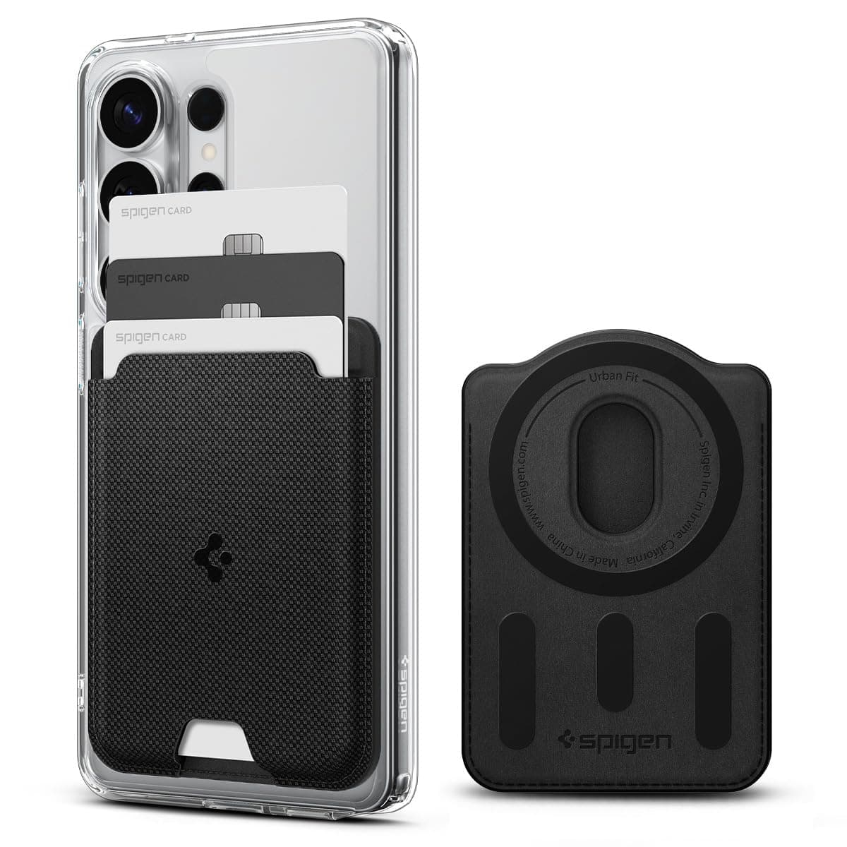 Spigen Urban Fit (MagFit) Magnetic Card Holder up to 3 Cards, Designed for Samsung Galaxy S26/S25 Series Magnetic Case Only and iPhone 17/16/15/14/13/12 Models - Fabric Black