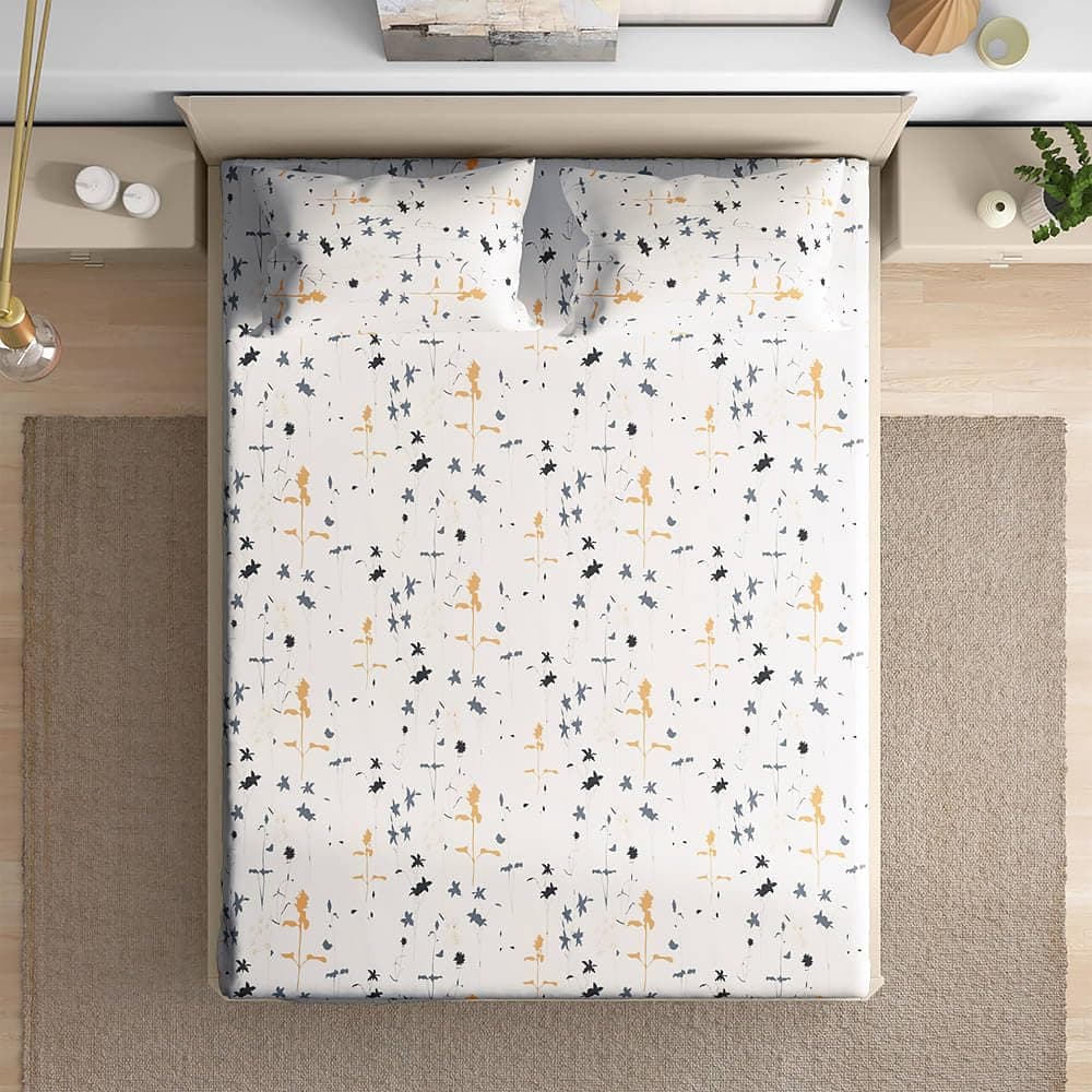 Wakefit Cotton Fitted Bedsheet | 200 TC Elastic Fitted Sheet, King Bed Bedsheet with 2 Pillow Checkered Covers | Flora - 78X72 Inches, White