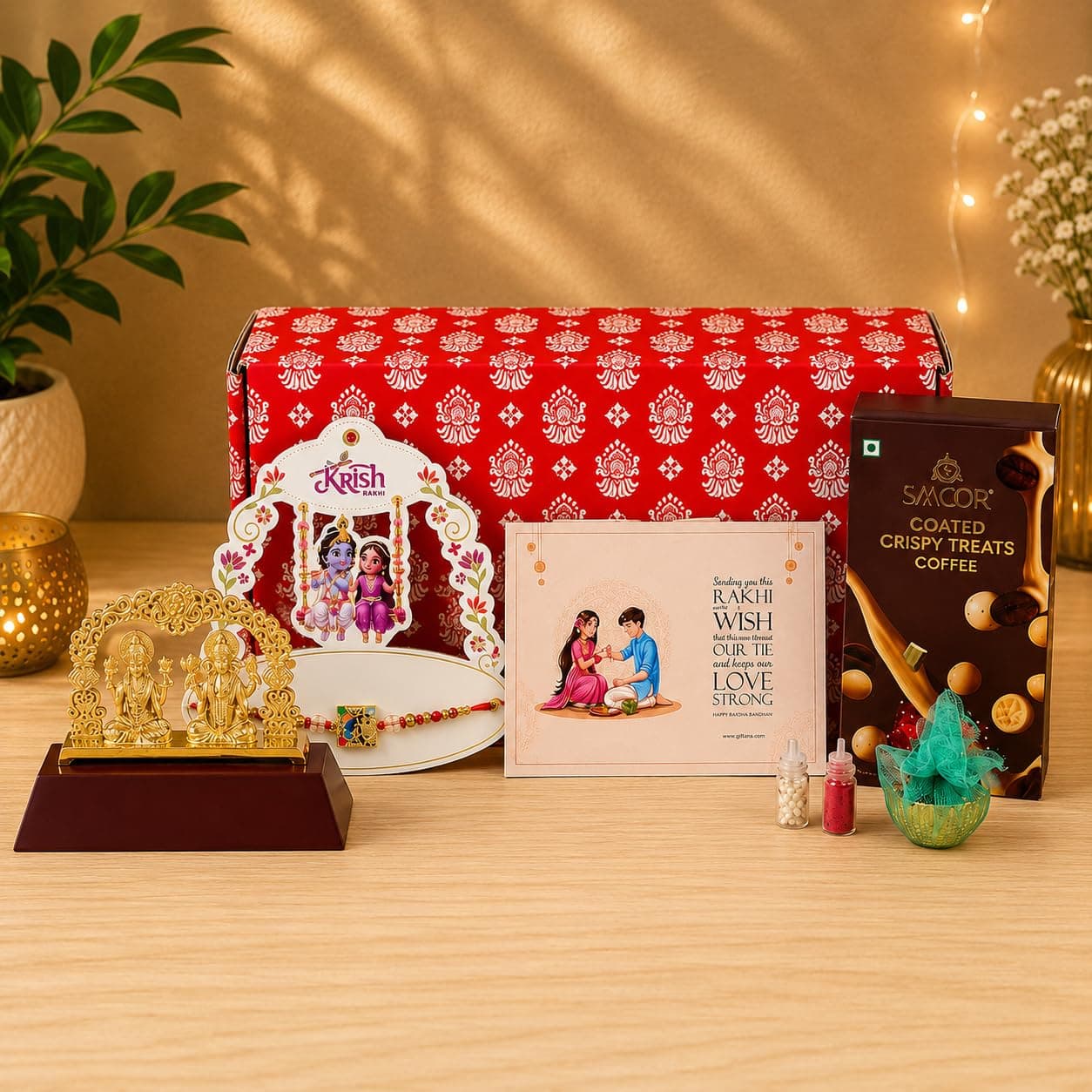 Giftana Rakhi Gift Set for Brother with Radha Krishna Rakhi, Ganesh Ji and Laxmi Ji Idol, Raksha Bandhan Greeting Card Gift Set, Raksha Bandhan Gift Combo for Bhai & Bhaiya