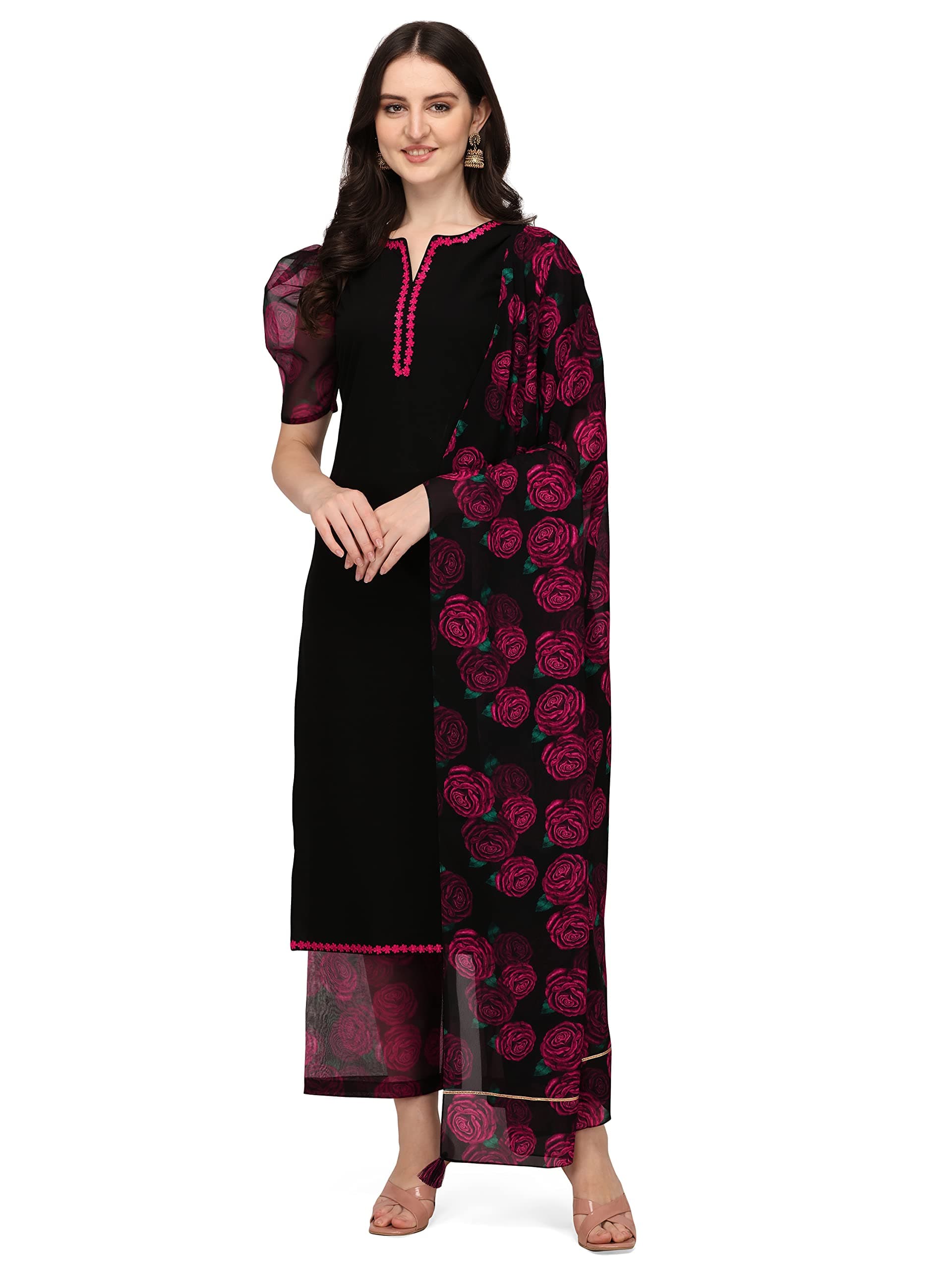 FIORRA Women's Black Crepe Straight Kurta with Palazzo and Dupatta