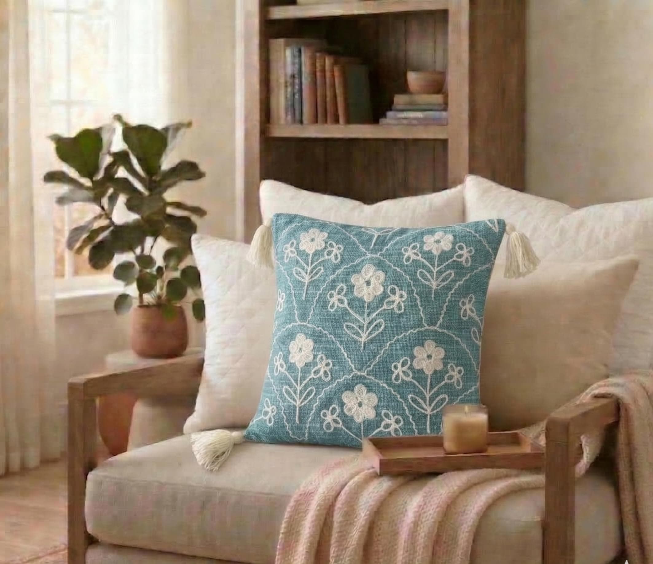 Furnistitchs Handmade Boho Cushion Cover 16x16 Inches Embroidered Slub Cotton Pillow Case with Tassels Decorative Bohemian Throw Cushion for Sofa & Bedroom, 40x40 cm (2, Green Floral Arcs)