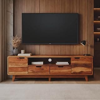 DRIFTINGWOOD Regal Solid Sheesham Wood Modern TV Console for Upto 65 Inch TV, Entertainment Center with 5 Storage Compartments, Neutral Finish