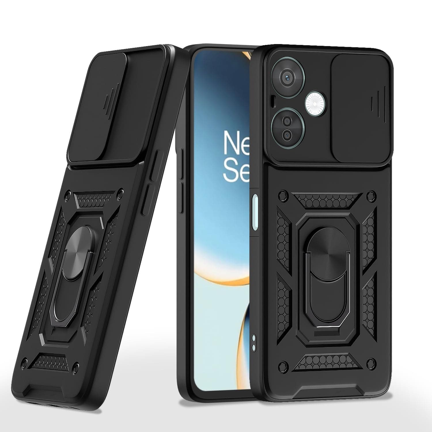 Amazon Basics TPU Back Cover for OnePlus Nord N30 5G / OnePlus Nord CE 3 Lite 5G|360 Protection Case|Sliding Camera Sheild Cover & Ring Holder Stand Back Cover|D10 Tough Armor Bumper Case (Black)