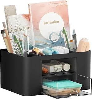 Shuttle Art Cute Desk Organizer with Drawer | Pen Stand for Study Table, Office Use | Storage Box for Stationery, Art Supplies, Sticky Notes | 5 Compartment Organizer for Home or School (Black)