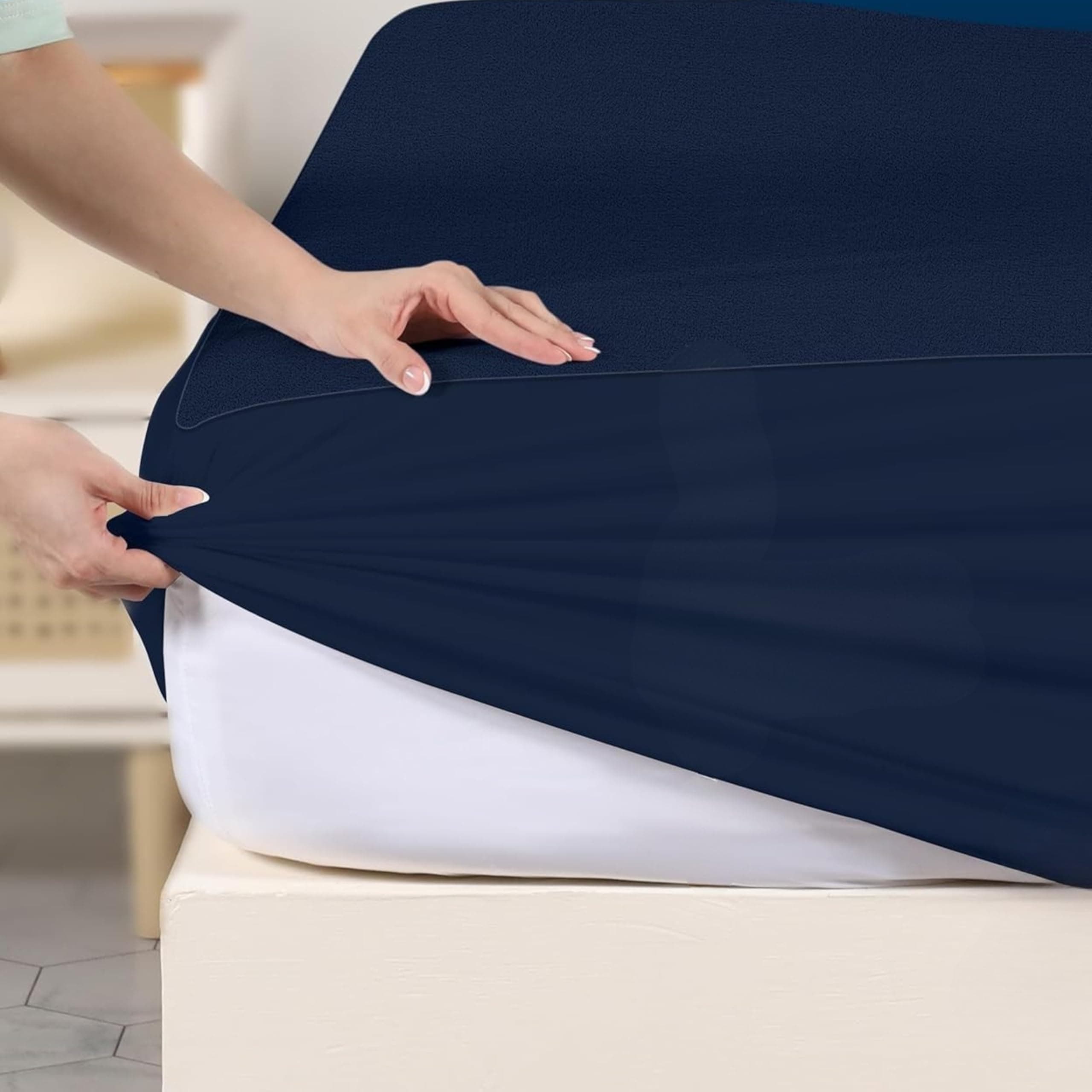 9villa 100% Waterproof Premium Cotton Feel Mattress Protector King Size | Ultra Soft Breathable & Hypoallergenic Fitted Bed Protector Terry Cover | Fits Upto 10 Inches (Navy Blue, 72 x 78 (6x6.5 Feet)