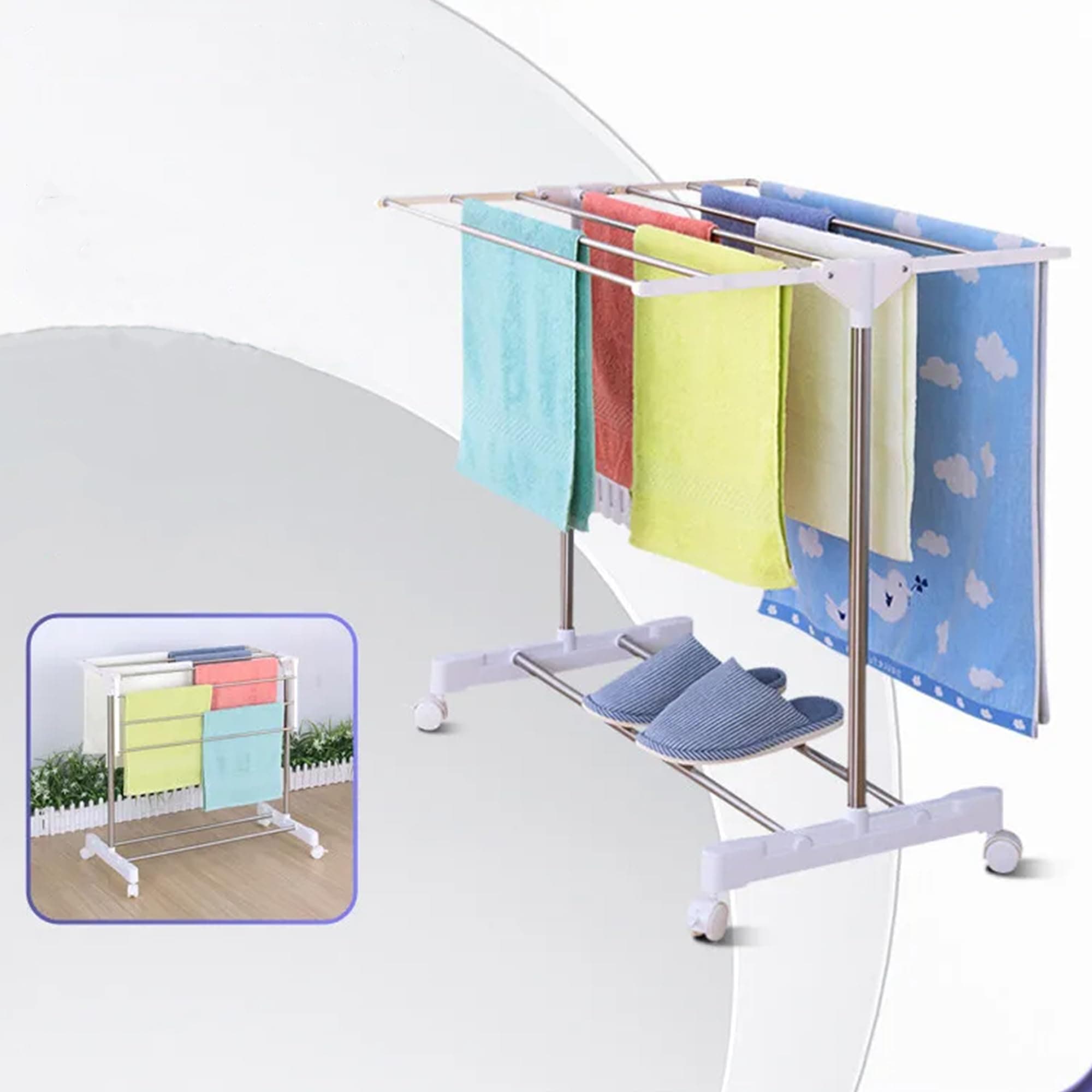 Belanto Heavy Stainless Steel Portable Double Pole Telescoplc Clothes Drying Rack, Foldable Dual Clothes and Garment Hanging Rack, Laundry Drying Stand with Wheels for Indoor and Outdoor