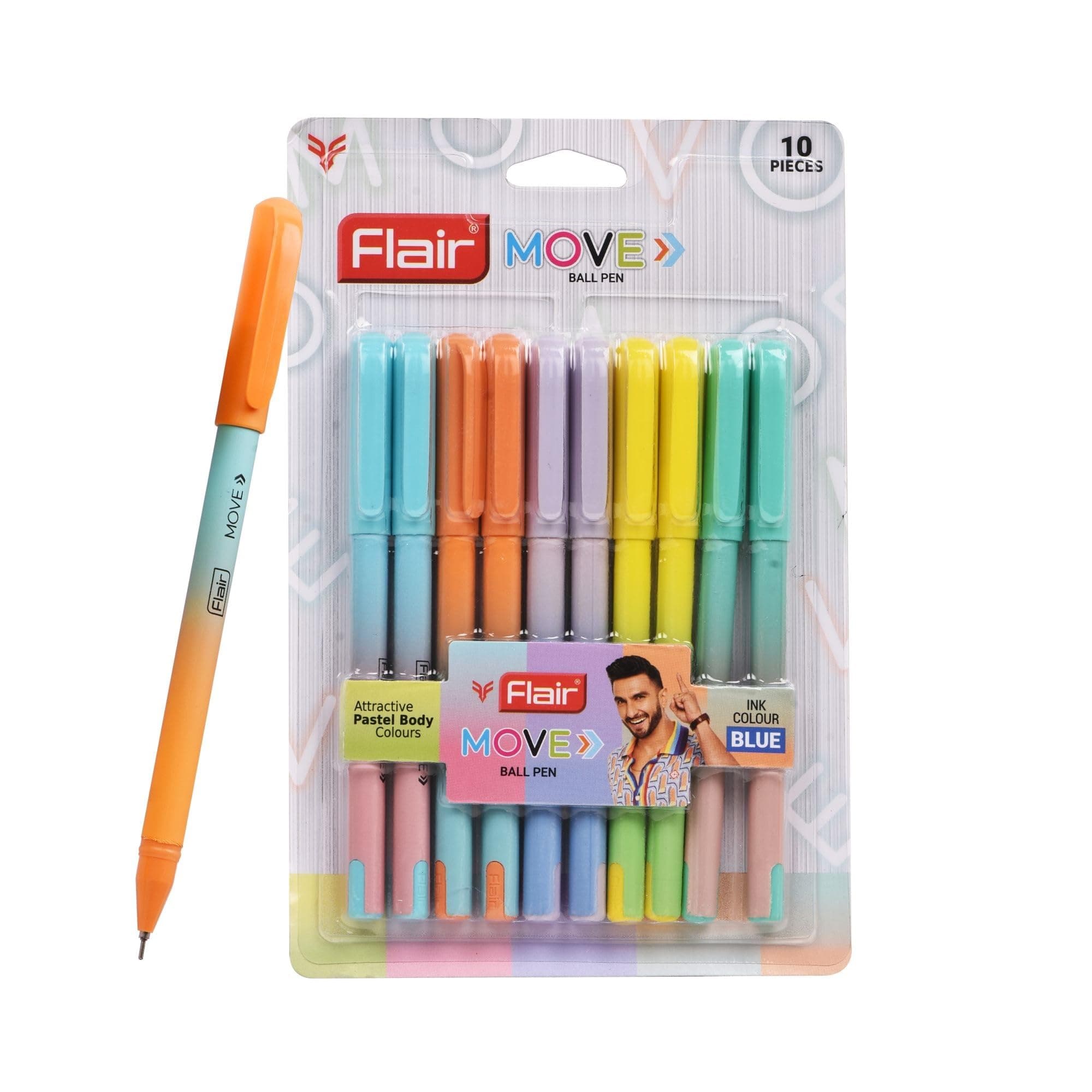 FLAIR Move Fine Tip Ball Pen | Minimalistic & Aesthetic Matt Finish Pastel Body Colors | Effortless Writing With Sleek Clip Design | Blue Ink, Pack Of 10