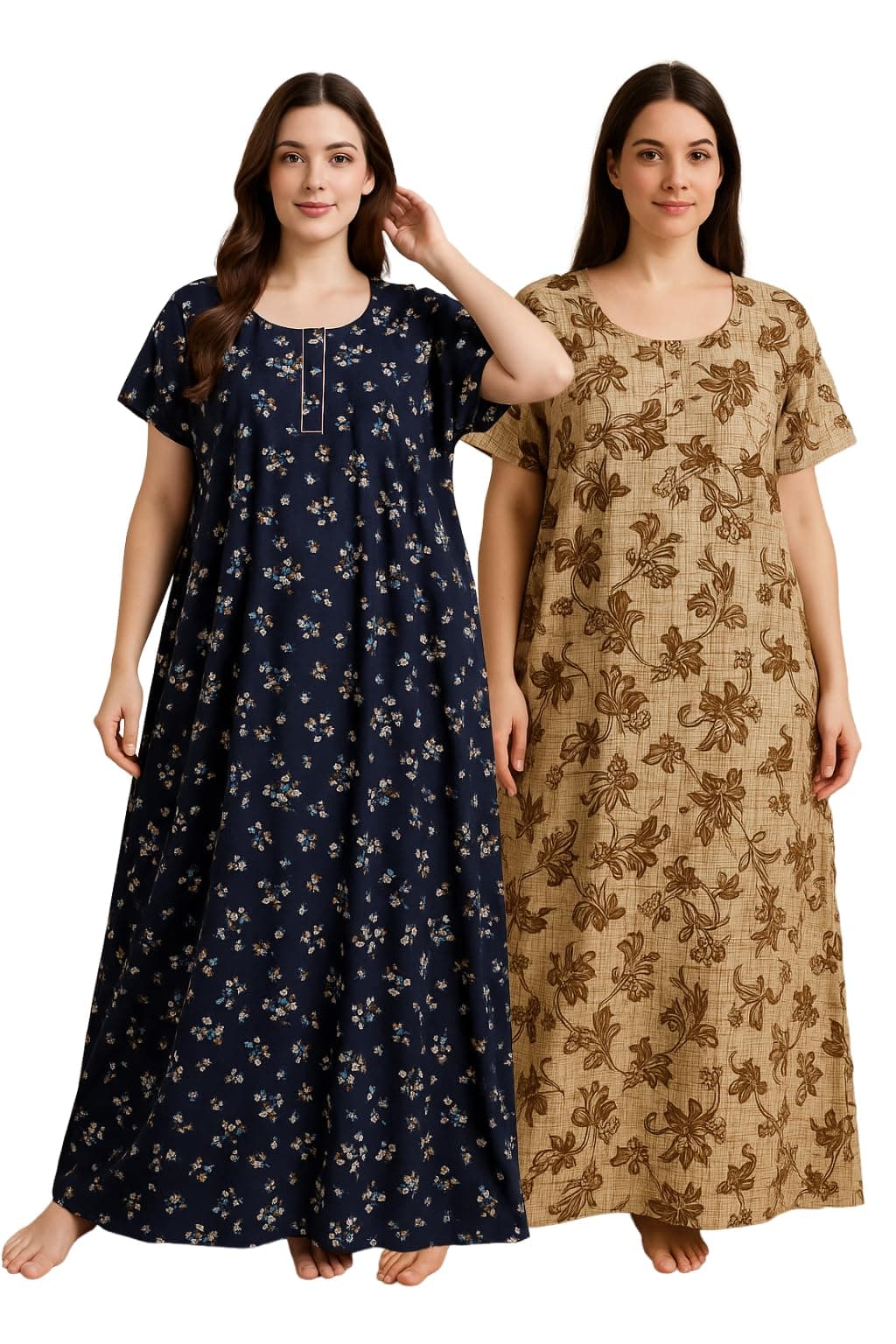 Bahumaan Nighty for Women Cotton Combo Pack of 2 | Free Size Gown for Women Cotton with Side Pocket | Nighties for Women Pure Cotton Combo Stylish | Maxi Sleepwear