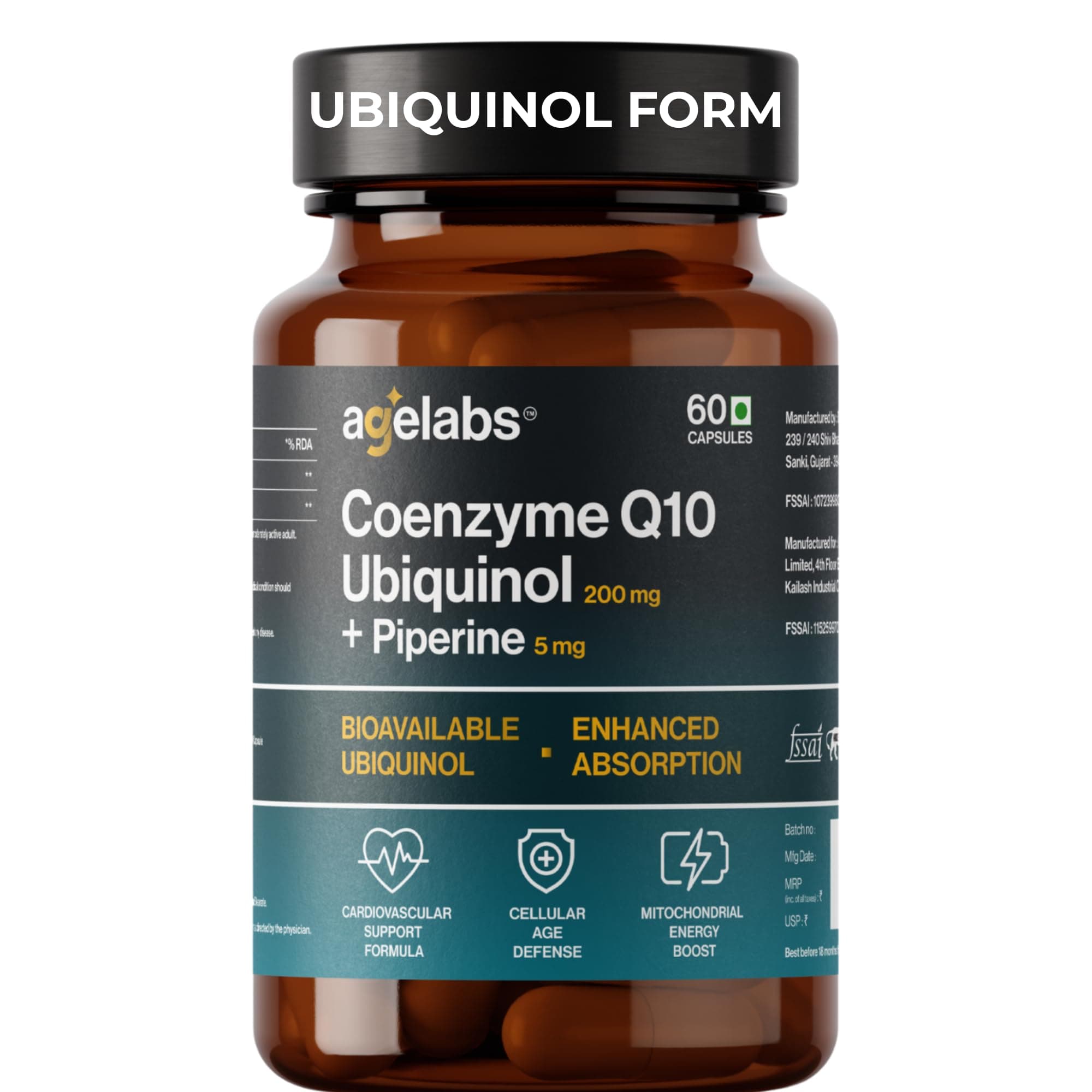 Agelabs Coenzyme Q10 Ubiquinol 200mg with Piperine, Enhanced Absorption Formula for Heart Health and Cellular Energy, 60 Vegetarian Capsules