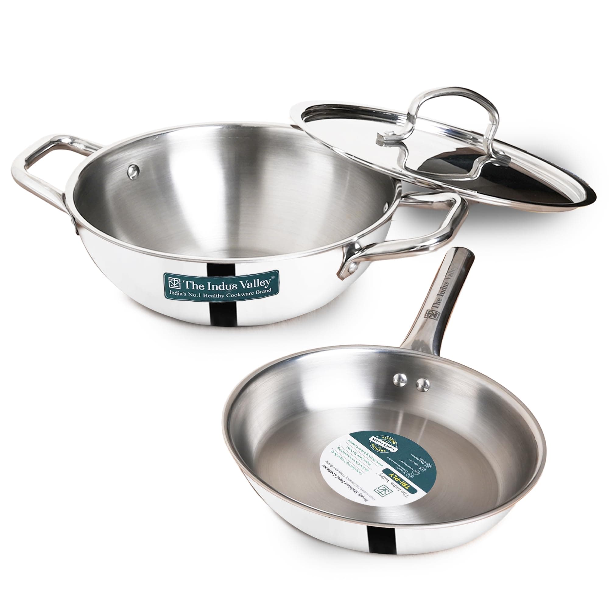 The Indus Valley Triply Stainless Steel Cookware Set of 3Pcs | Kadai with Lid (24 Cm/3 L)+ Fry Pan (22 Cm/1.4L) | Kitchen Cooking Combo Pots & Pans Set | Naturally Nonstick,Silver