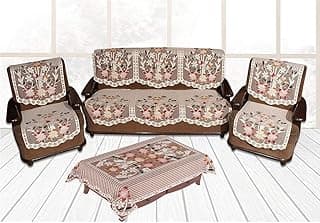 Yellow Weaves Polyester Floral 5 Seater Sofa Cover Set with 1 Center Table Cover (Off White) - 7 Pieces
