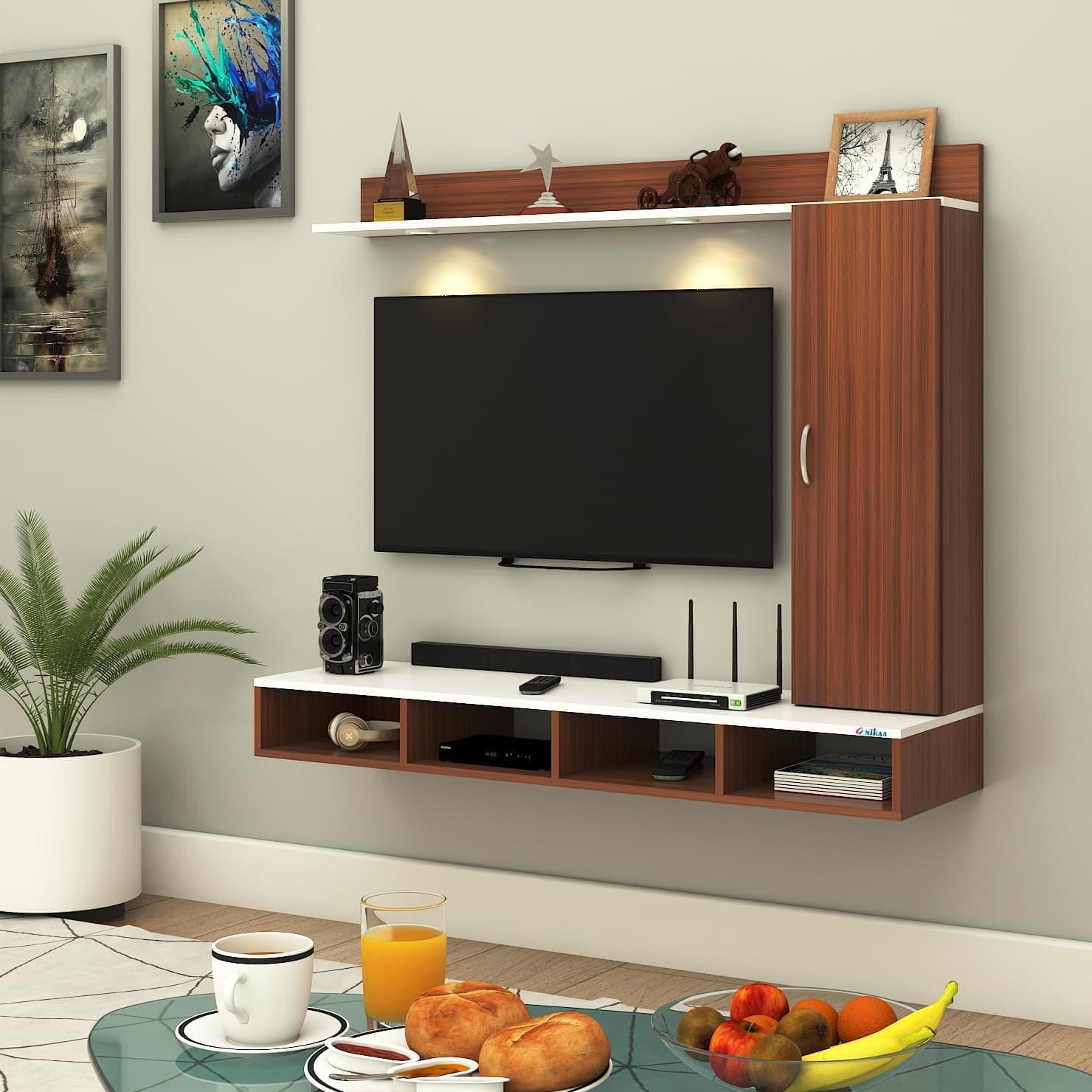 Anikaa Dorex Engineered Wood Wall Mounted TV Unit with LED Lights, Storage Cabinet & Display Shelf for Living Room | Ideal for Upto 55 Inch TV- Walnut/White(DIY Installation)