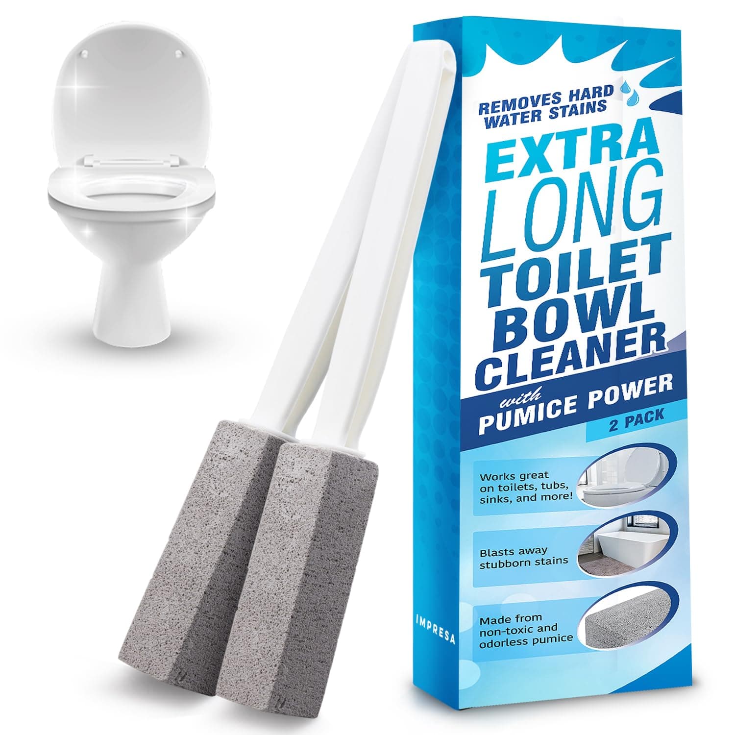 IMPRESA Pumice Stone Toilet Bowl Cleaner with Extra Long Handle, 2 Pack! - Limescale Remover - 100% Natural Pumice Toilet Brush - Also Cleans BBQ Grills, Tiles, Tile Grout, Swimming Pools
