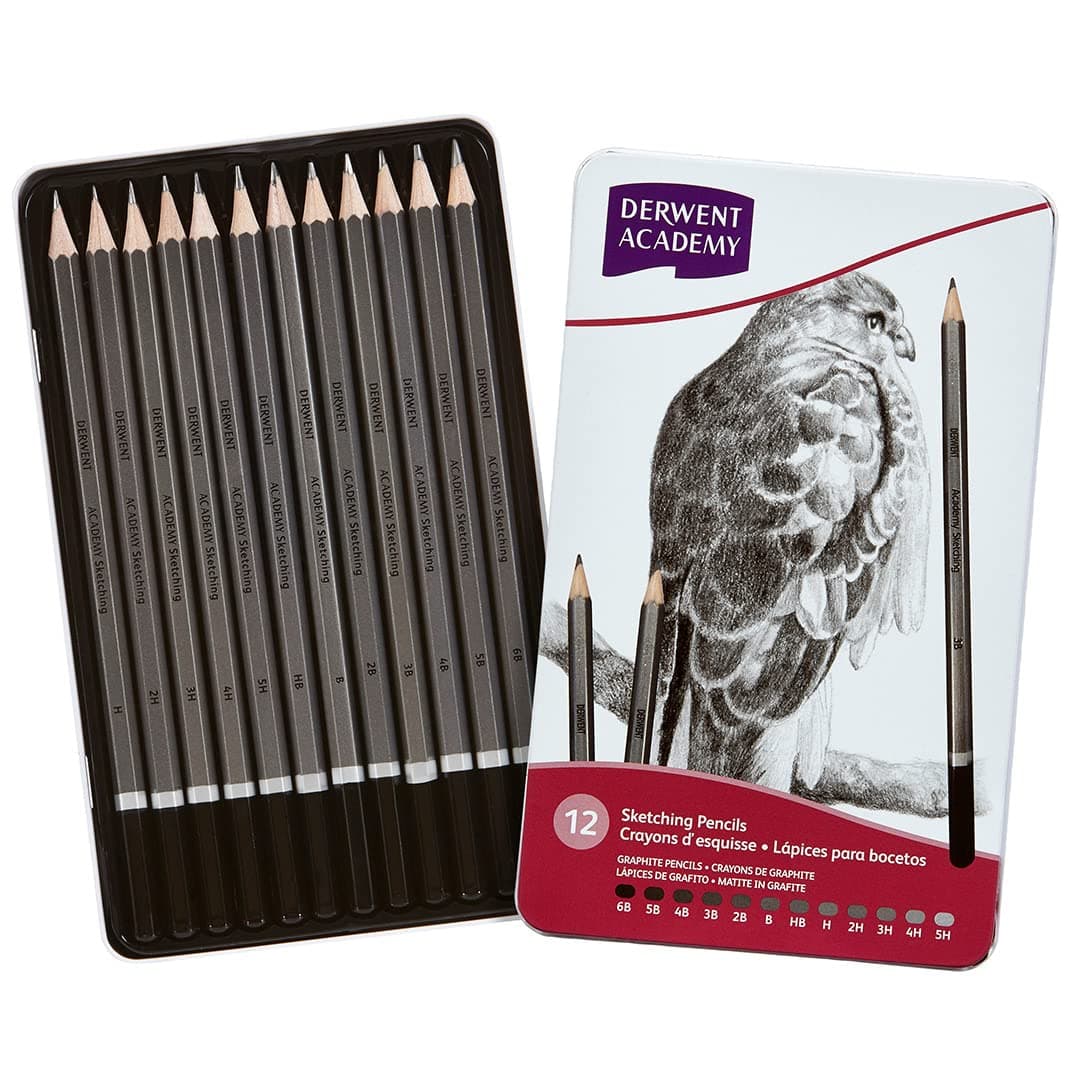 Derwent Academy Black Sketching Pencils Tin, 6B-5H (Set of 12)