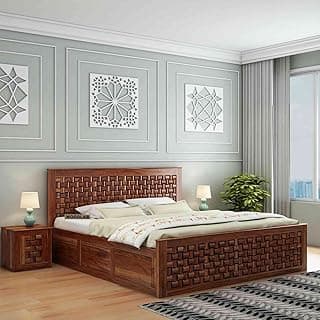 WOODLAB Furniture Solid Sheesham Wood Niwar King Size Bed with Box Storage Wooden Double Bed Furniture Palang for Bedroom Living Room Home (Honey Finish)
