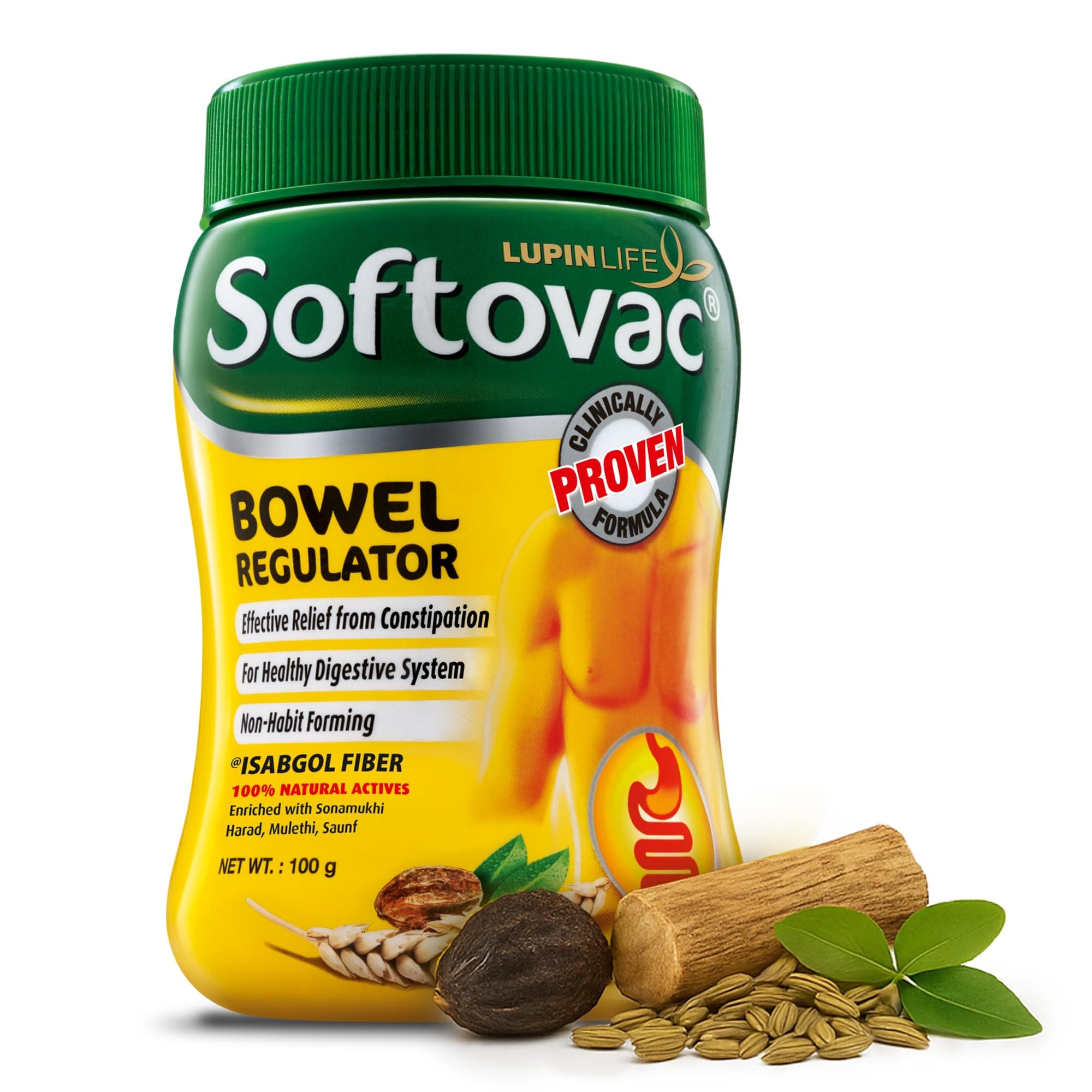 Softovac Isabgol Fiber Plus+ Natural Actives 100g | Psyllium Husk | Complete Relief from Constipation | Gentle on Stomach, Boosts Gut Health - Natural Bowel Regulator for Adults