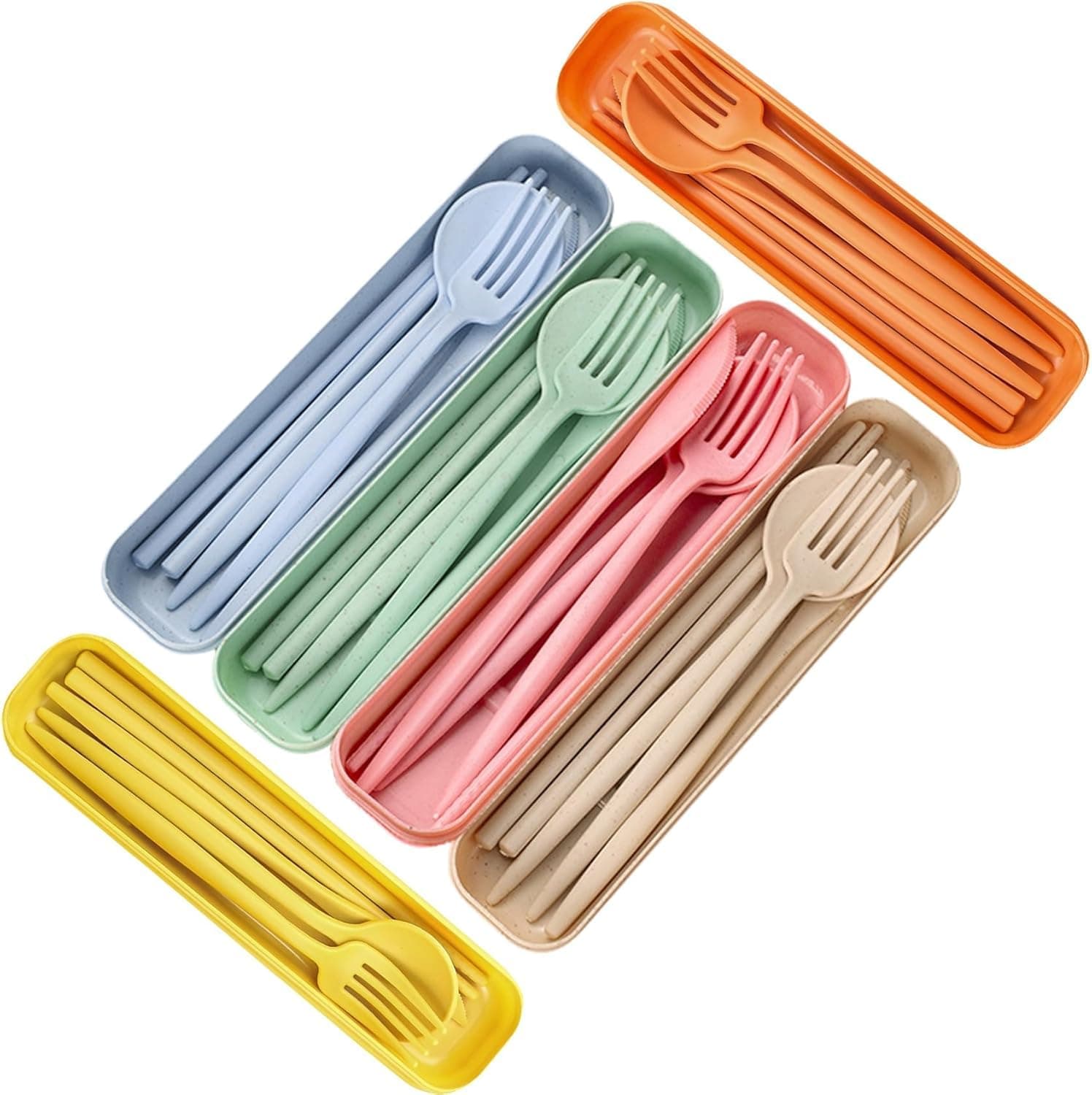 KPNG Reusable Travel Utensils Set with Case, Wheat Straw Portable Knife Fork Spoons Cutlery, Plastic Tableware for Kids Adults Travel Picnic Camping Utensils (Pack of-2, Cutlery Set)