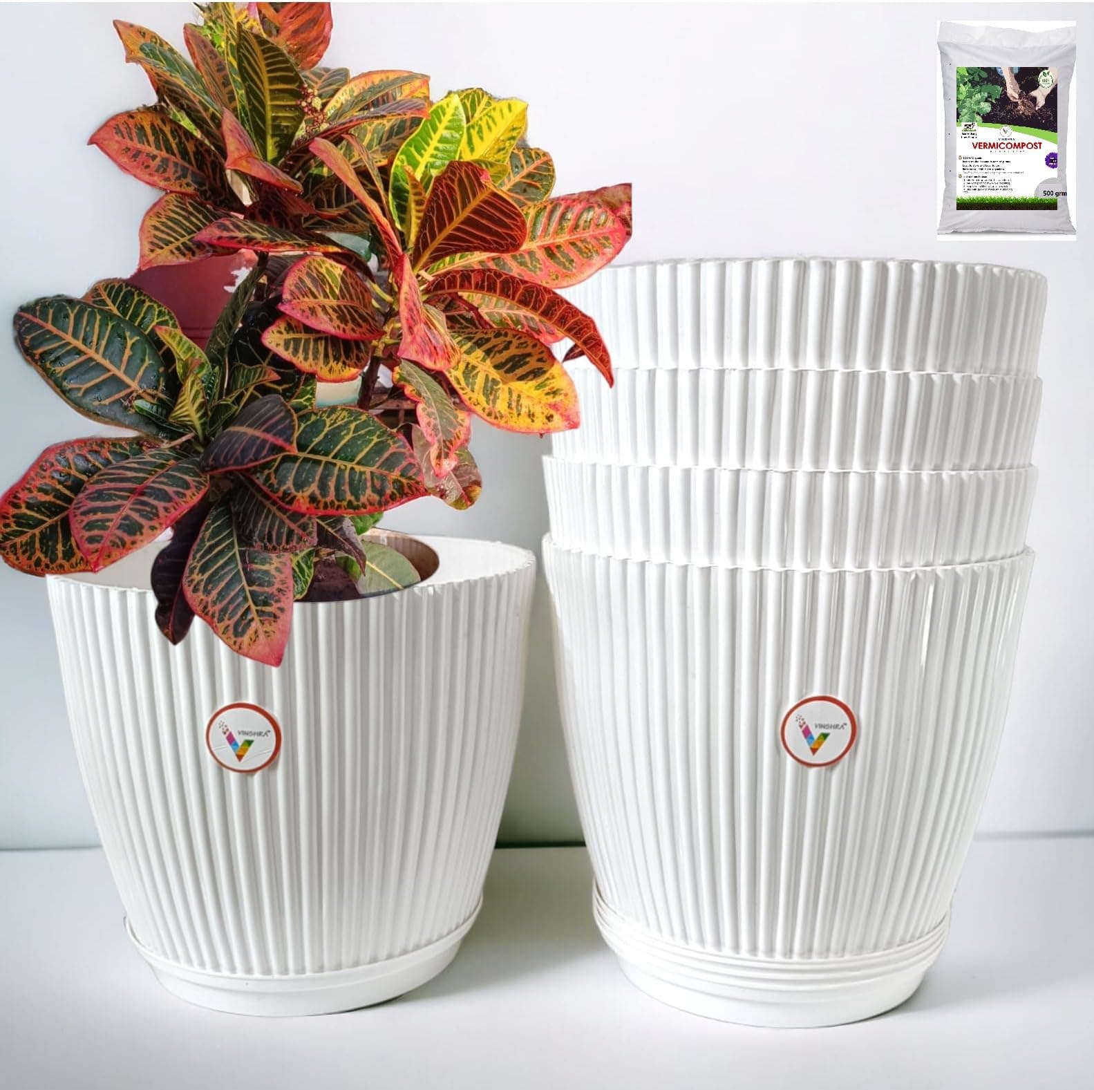 VINSHRA 11 Inch White Flower Pot with 8 INCH Bottom Tray (250grm Organic Vermicomposting Free) Set of 5 / Indoor & Outdoor Use Pot/Plant Container/Planters Round for Terrace/Solid/Uv Treated