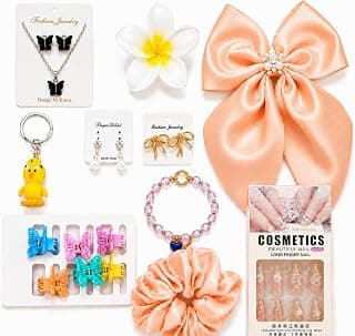 Mohmit Mart 10 Pcs Trendy Hair Accessories & Jewelry Gift Set for Girls & Women | Random Designs as per Latest Trend | Pink Gift Box Included