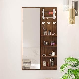 BLUEWUD Freddie Engineered Wood Wall Mount Dressing Table Organizer Makeup Vanity with Mirror, Storage Shelves, Bangle Holder & Hooks for Bedroom Living Room Home Furniture, DIY (Brown Maple)