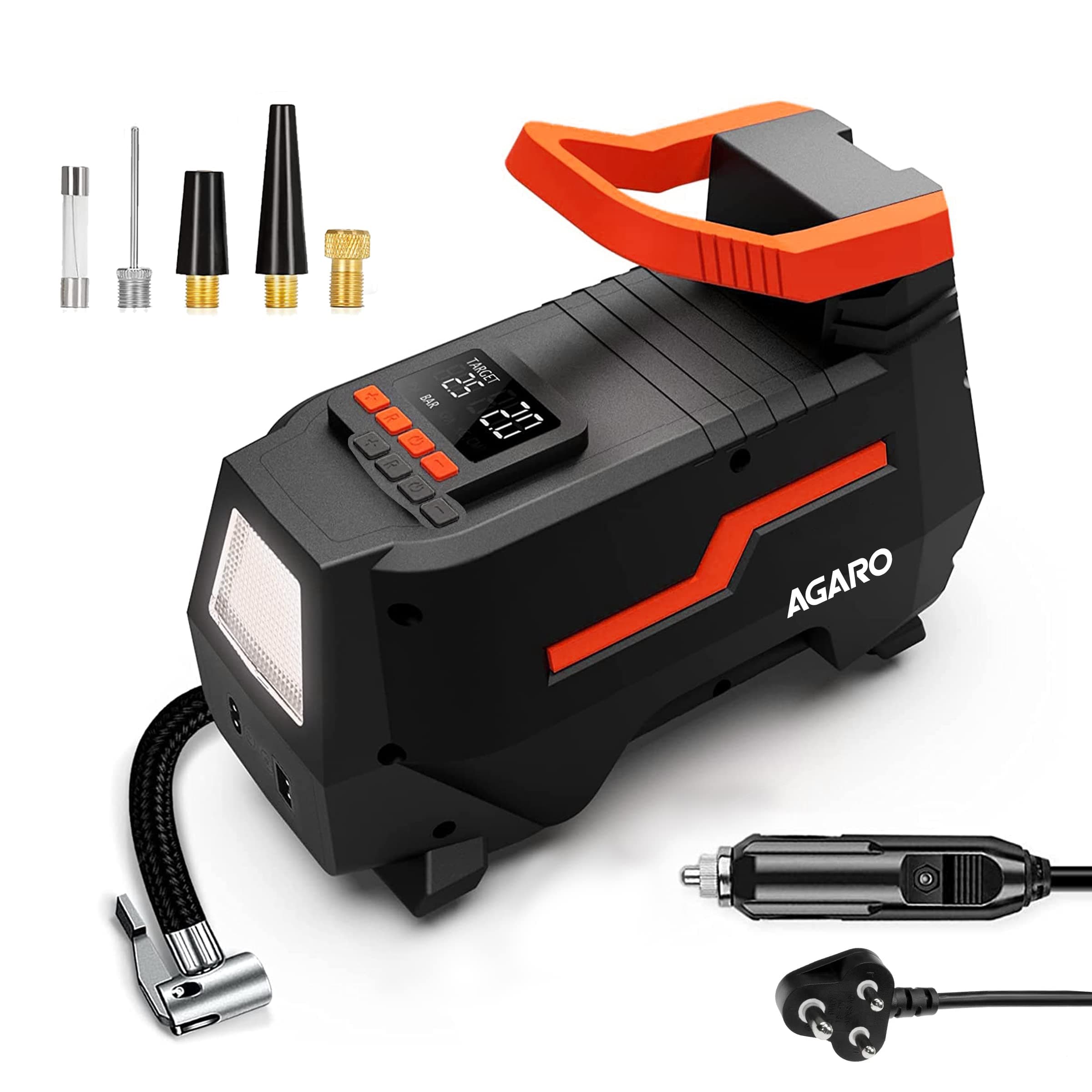 AGARO Digital Portable Tyre Inflator/Pressure Gauge, 12V DC/230V AC for Home and Car, Upto 150 PSI, LED Light, Digital Display, for Bike, Bicycles and Other Inflatables TI2157, Black